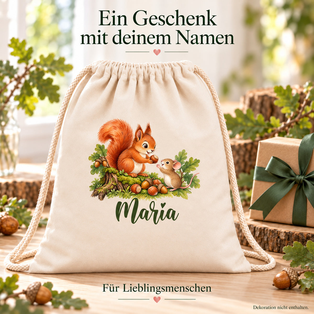 Naturfarbener Baumwollbeutel mit Eichhörnchen und Waldmaus und personalisierbarem Namen – Geschenkidee