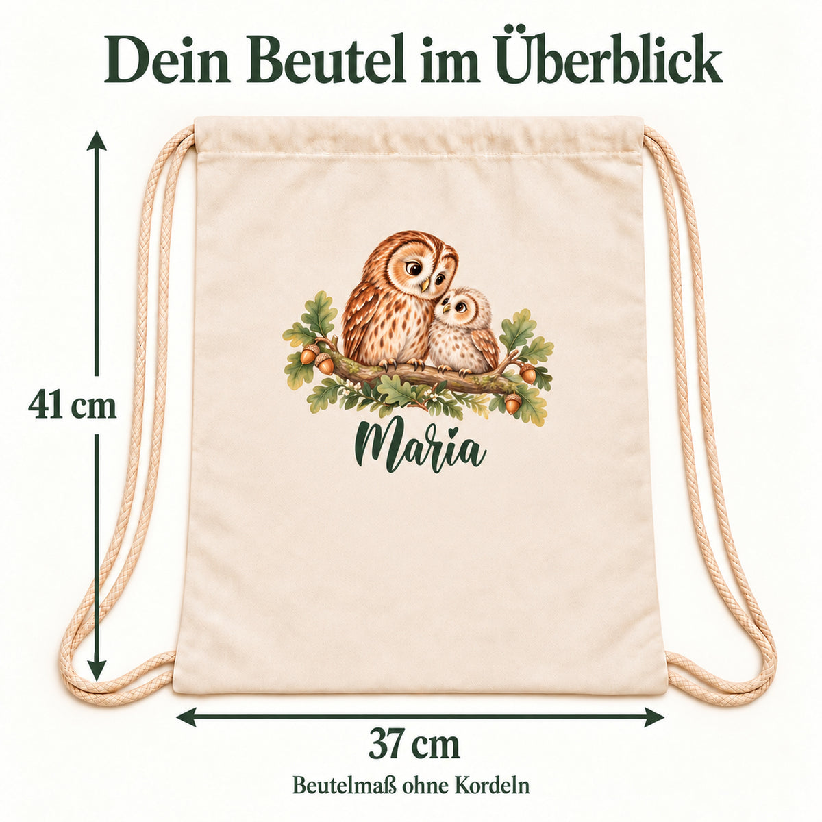 Turnbeutel mit Eule und Jungvogel und Maßpfeilen für 37 cm Breite und 41 cm Höhe