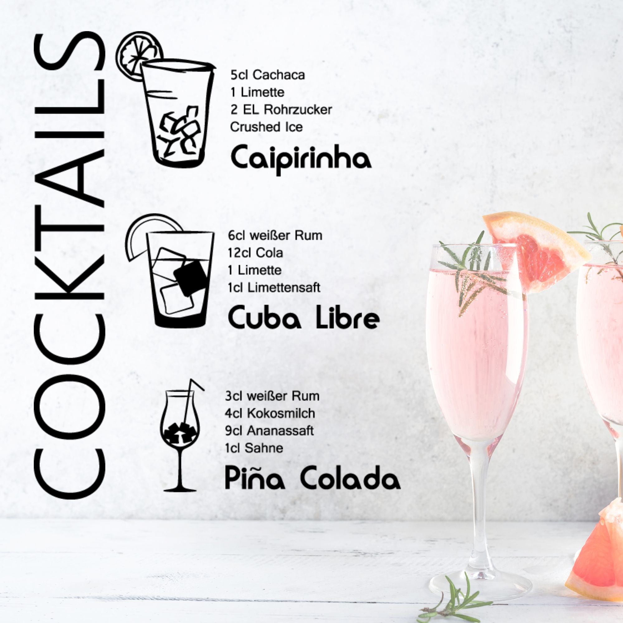 Cocktail-Rezepte: Caipirinha, Cuba Libre, Piña Colada.