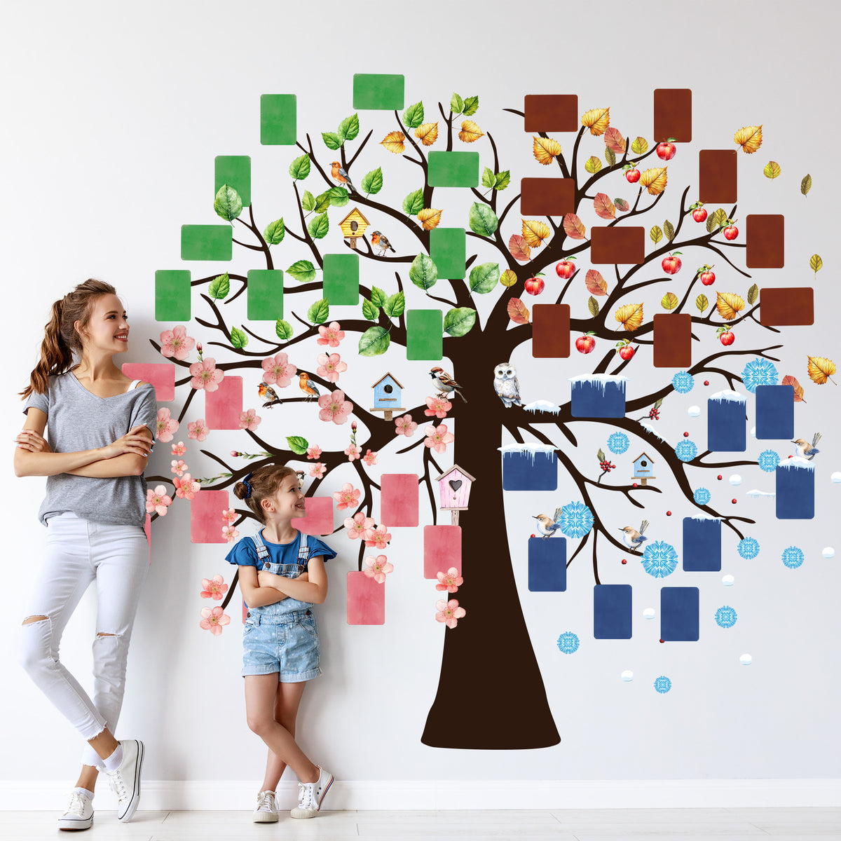 Wandtattoo Baum Geburtstagskalender im Gruppenraum mit Kinderfotos und Jahreszeiten Dekoration