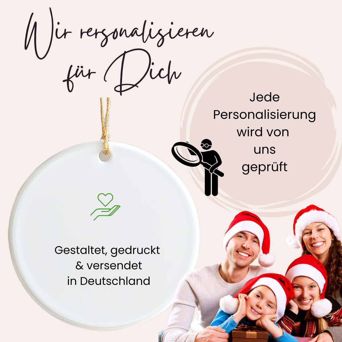 Weißer personalisierter Anhänger mit grünem Herzsymbol.