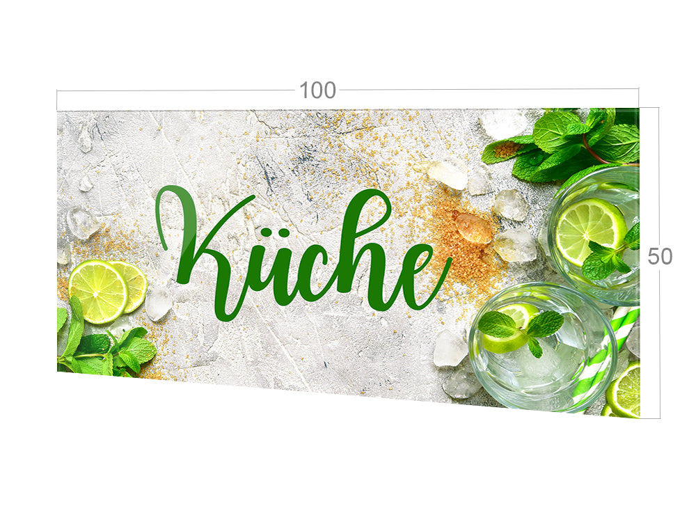 Küchenmotiv mit grüner Schrift, Limetten und Minze.