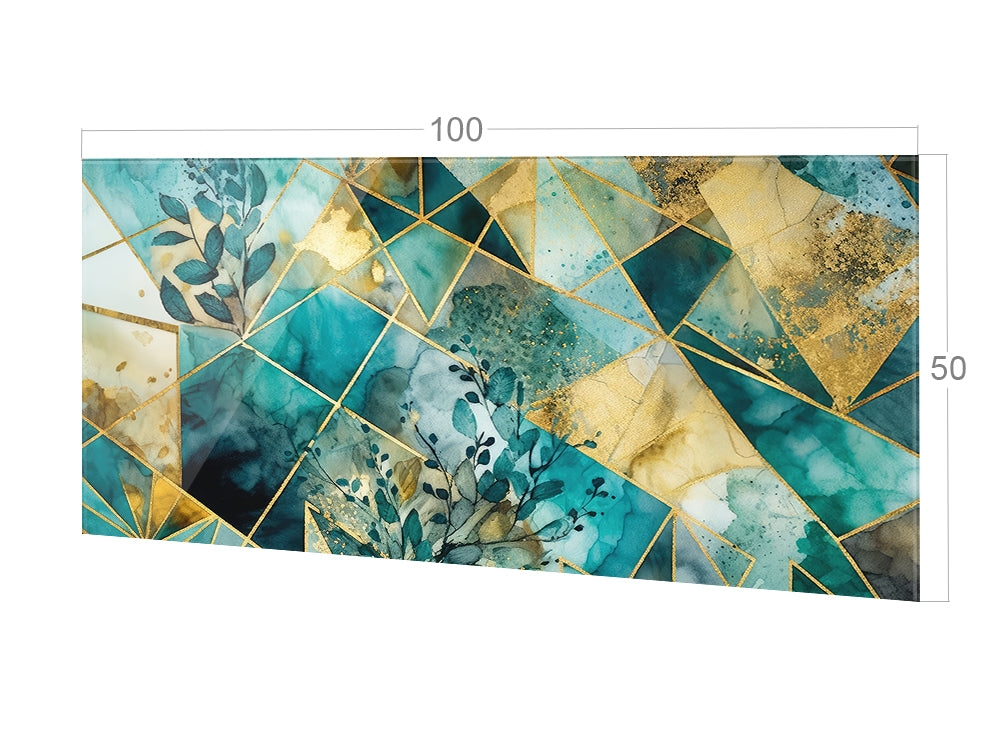 Geometrisches Wandbild in Blau- und Goldtönen mit Pflanzenmotiven.