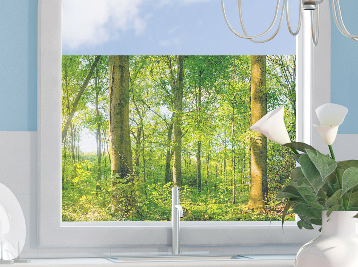 Grüner Waldblick durch ein Fenster mit weißen Wänden.