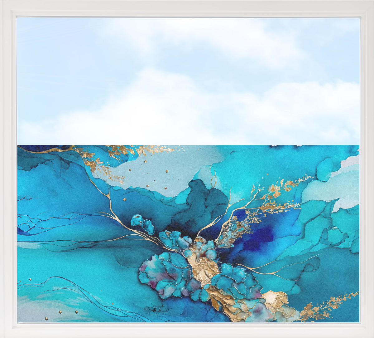 Abstrakte Kunst in Blau- und Türkistönen mit goldenen Akzenten.