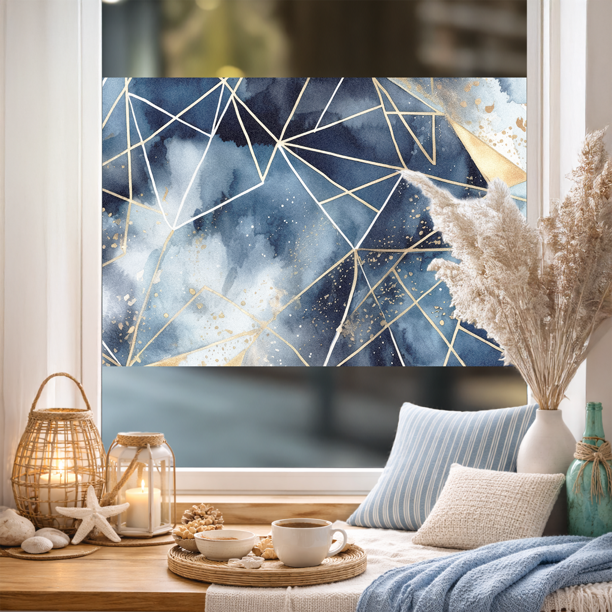 Abstrakte blaue Wanddekoration mit goldenen geometrischen Linien.