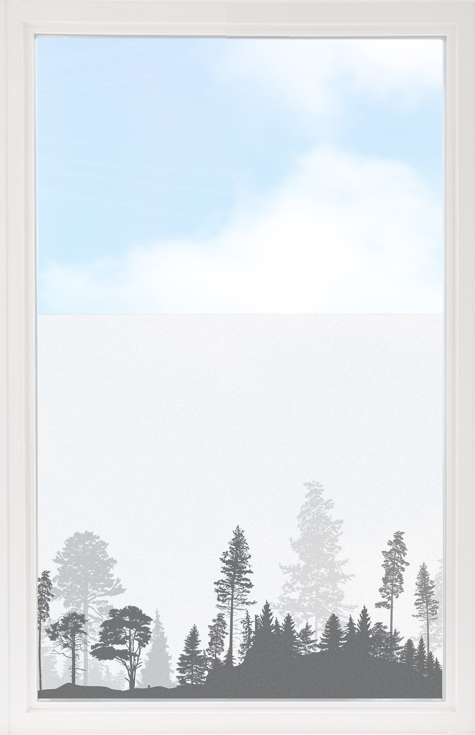 Grauer Waldsilhouetten vor blauem Himmel und weißem Hintergrund.