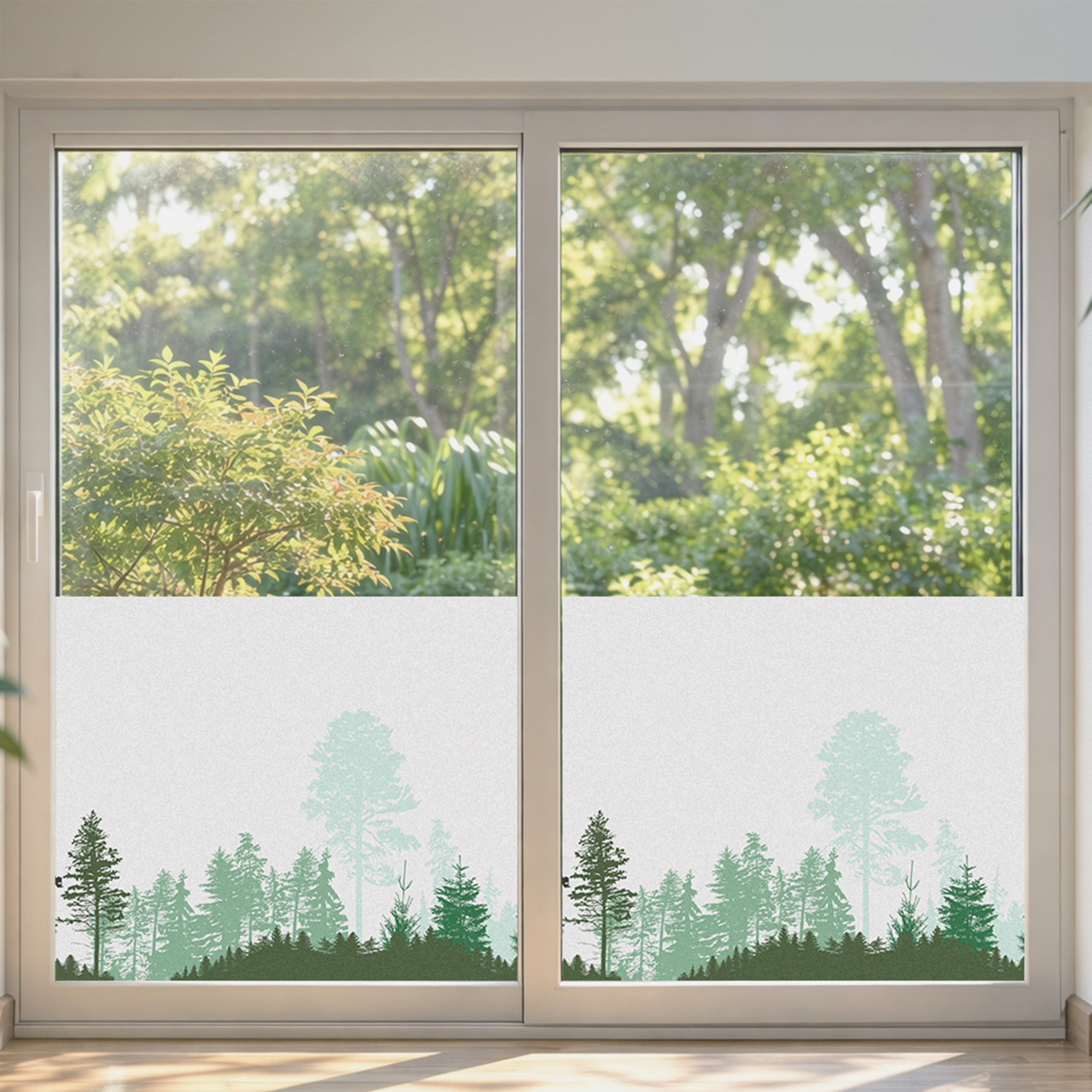 Grüne Fensterfolie mit Waldmotiv und weißem Hintergrund.