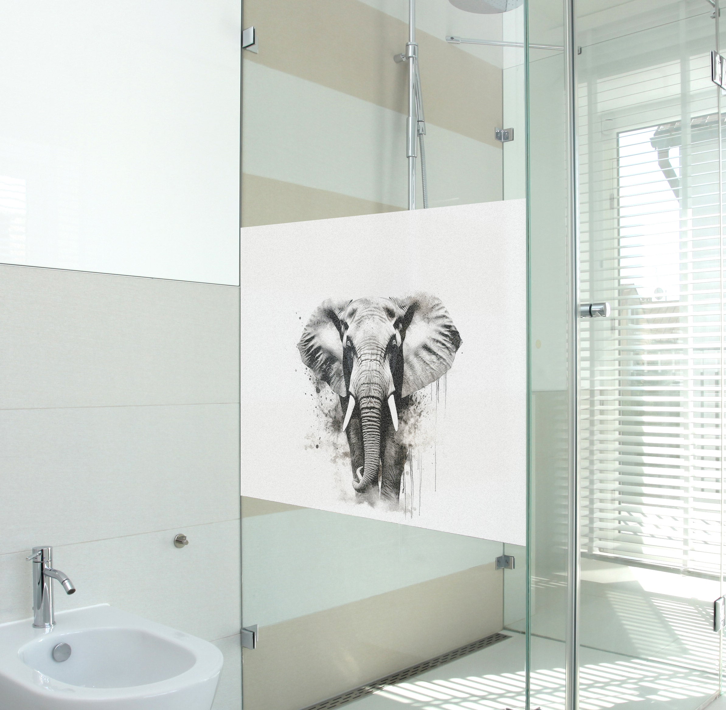 Schwarzer Elefant auf weißem Hintergrund in modernem Badezimmer.
