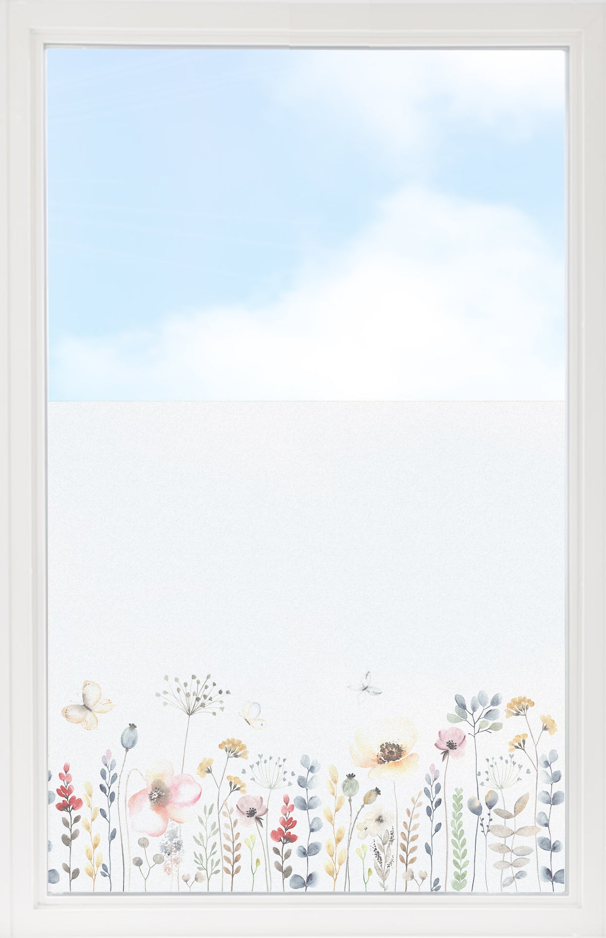 Helle Wandtapete mit bunten Blumen und blauem Himmel.