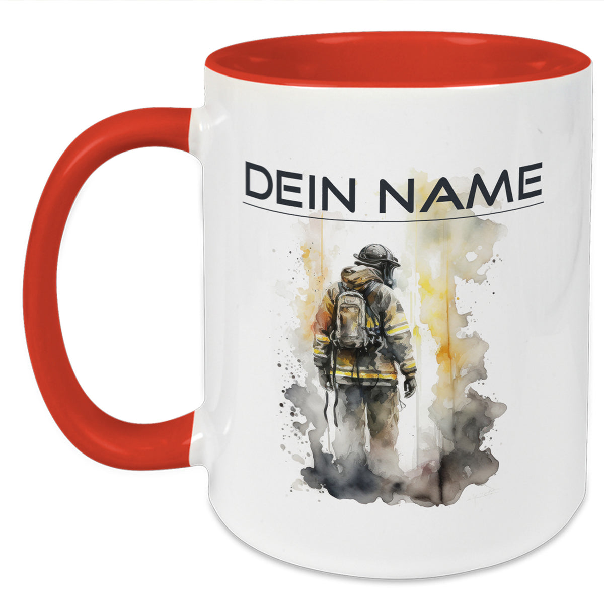 Tasse mit rotem Henkel, Feuerwehrmann-Illustration, personalisierbar.