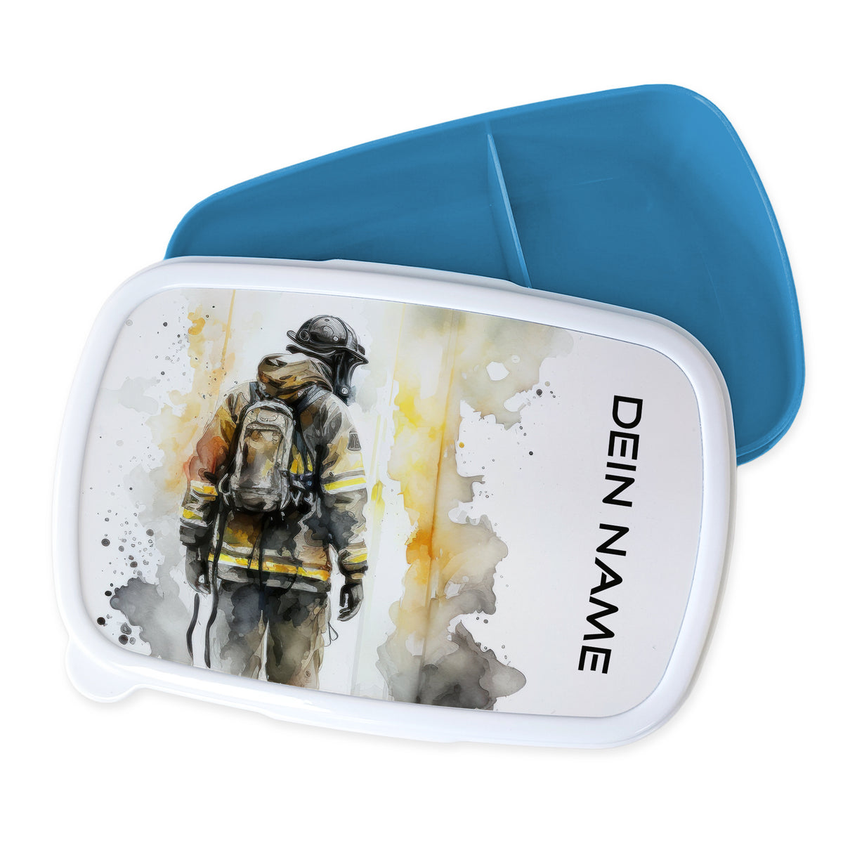 Personalisierte Brotdose mit Feuerwehrmann-Motiv und blauer Innenseite.