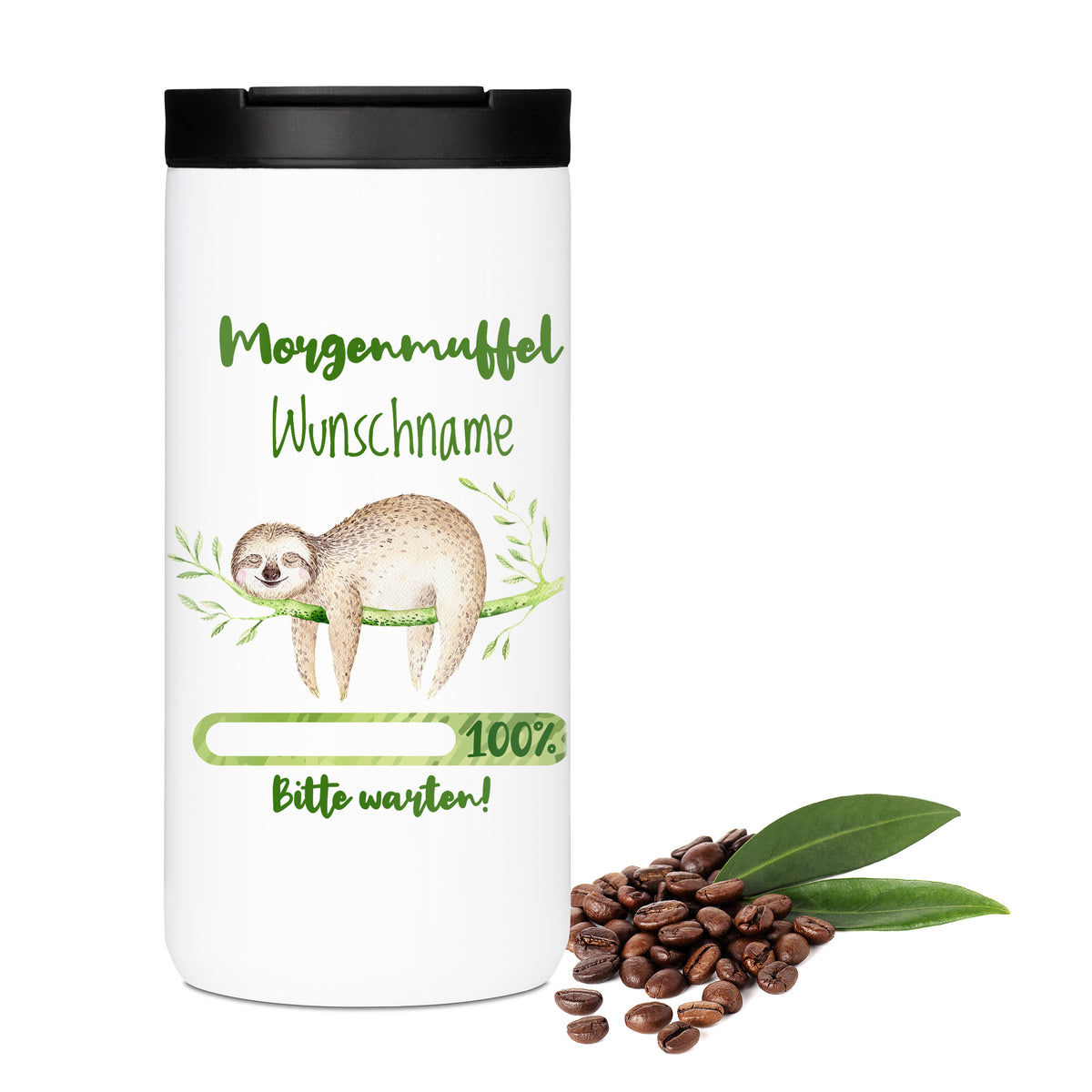 Weißer Thermobecher mit Faultier und grüner Schrift.