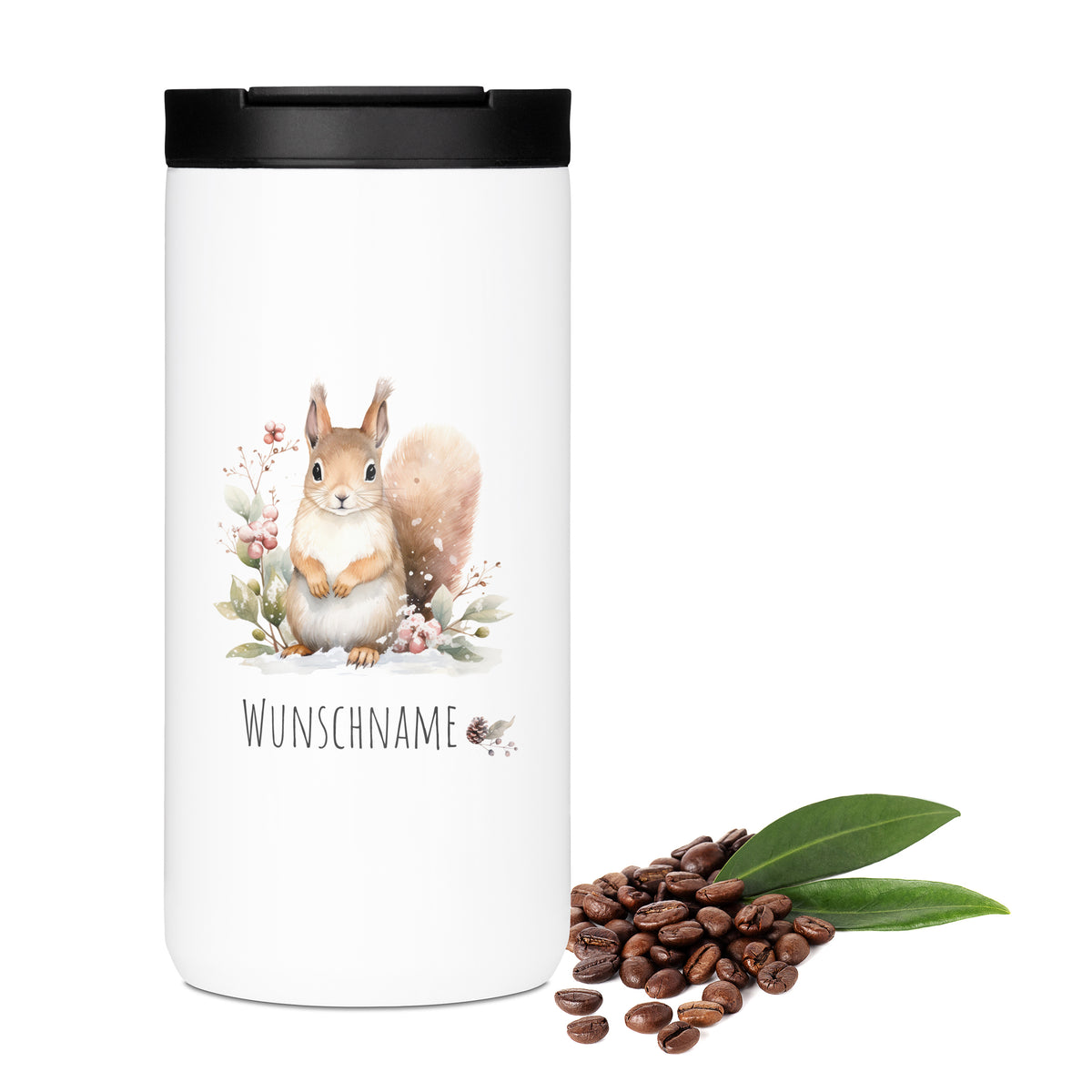 Weißer Thermobecher mit Eichhörnchen und Wunschname.