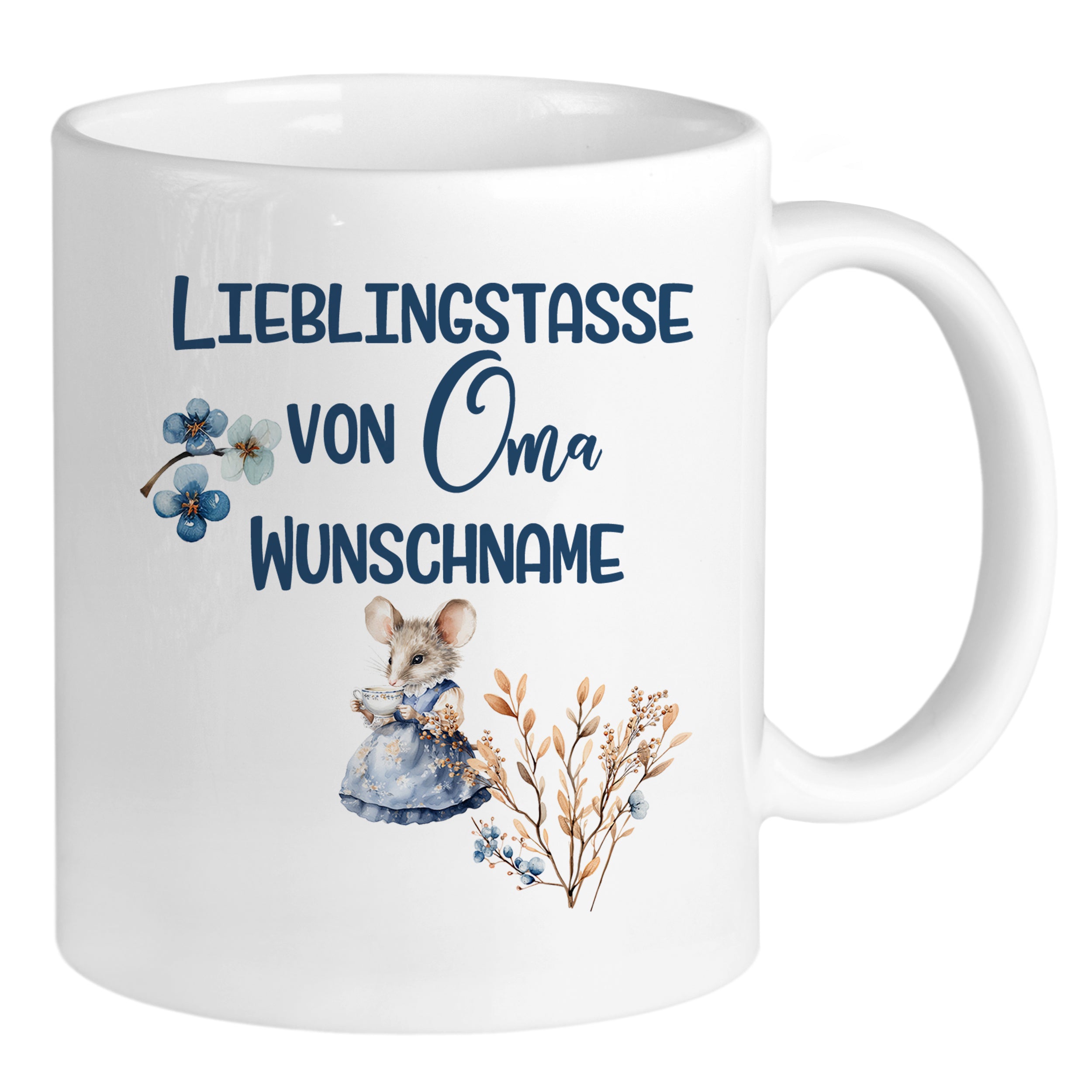 Weiße Tasse mit Maus, Blumen und Text für Oma.