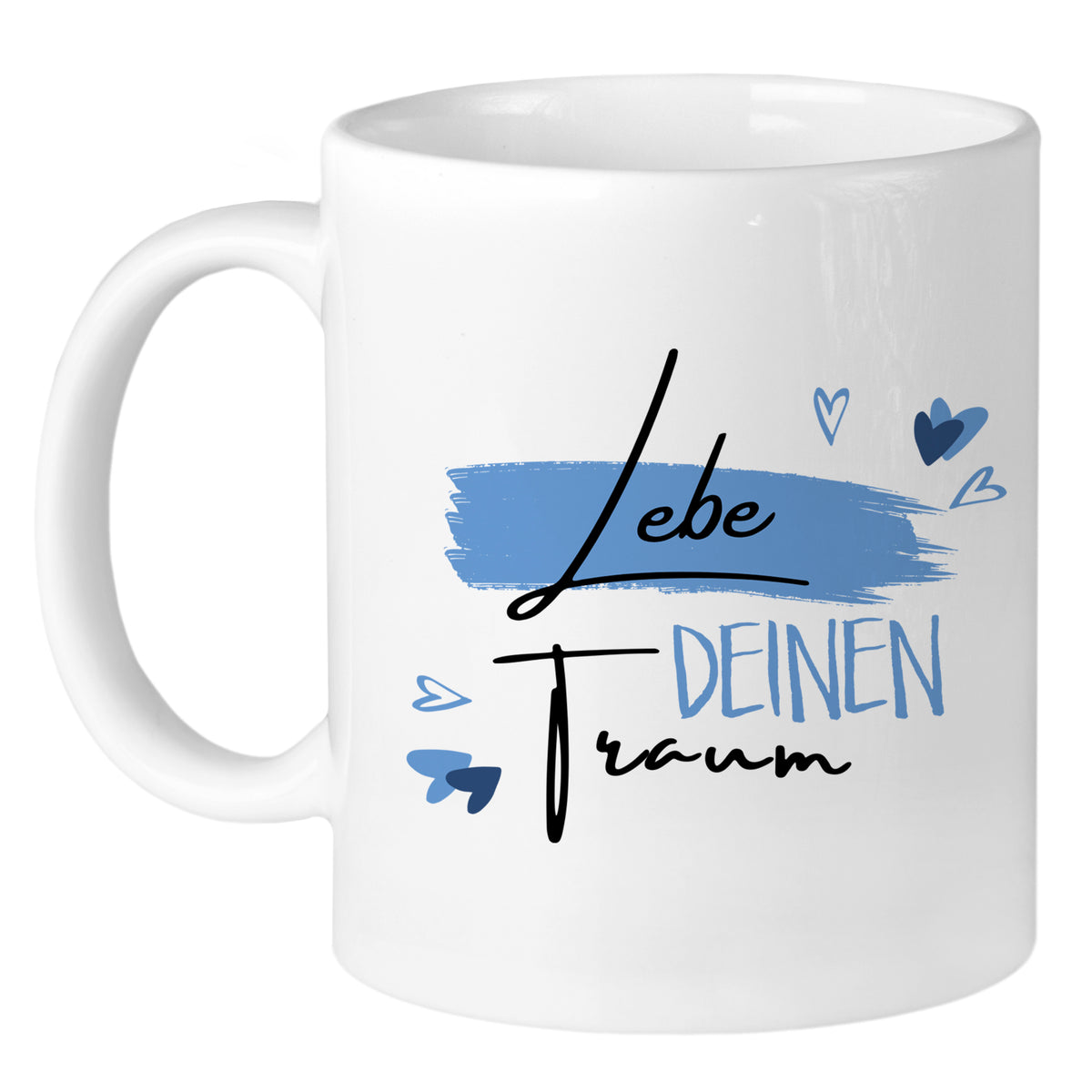 Weißer Kaffeebecher mit blauem Schriftzug "Lebe deinen Traum".