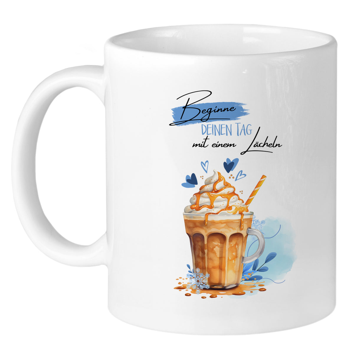 Weißer Becher mit Kaffeeglas und Aufschrift „Beginne deinen Tag“.