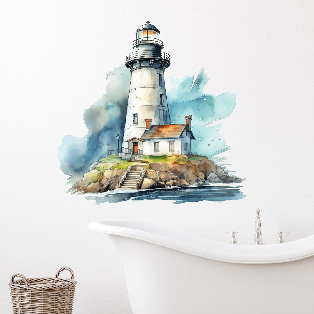 Wandtattoo mit Leuchtturm im Aquarellstil über einer Badewanne