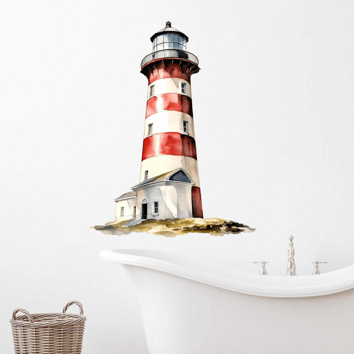 Wandtattoo mit rot-weißem Leuchtturm über einer Badewanne