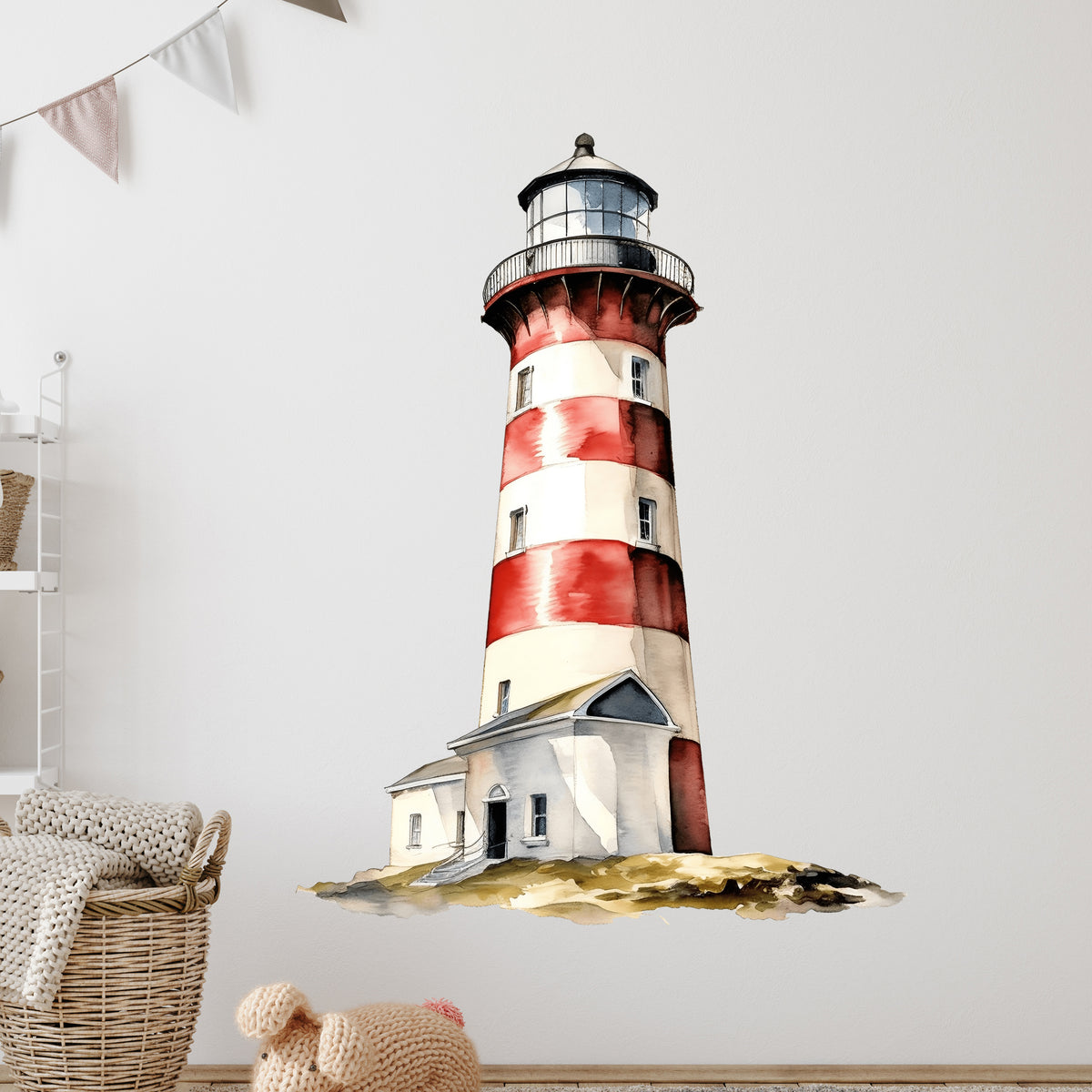 Wandtattoo mit rot-weißem Leuchtturm im Wohnraum