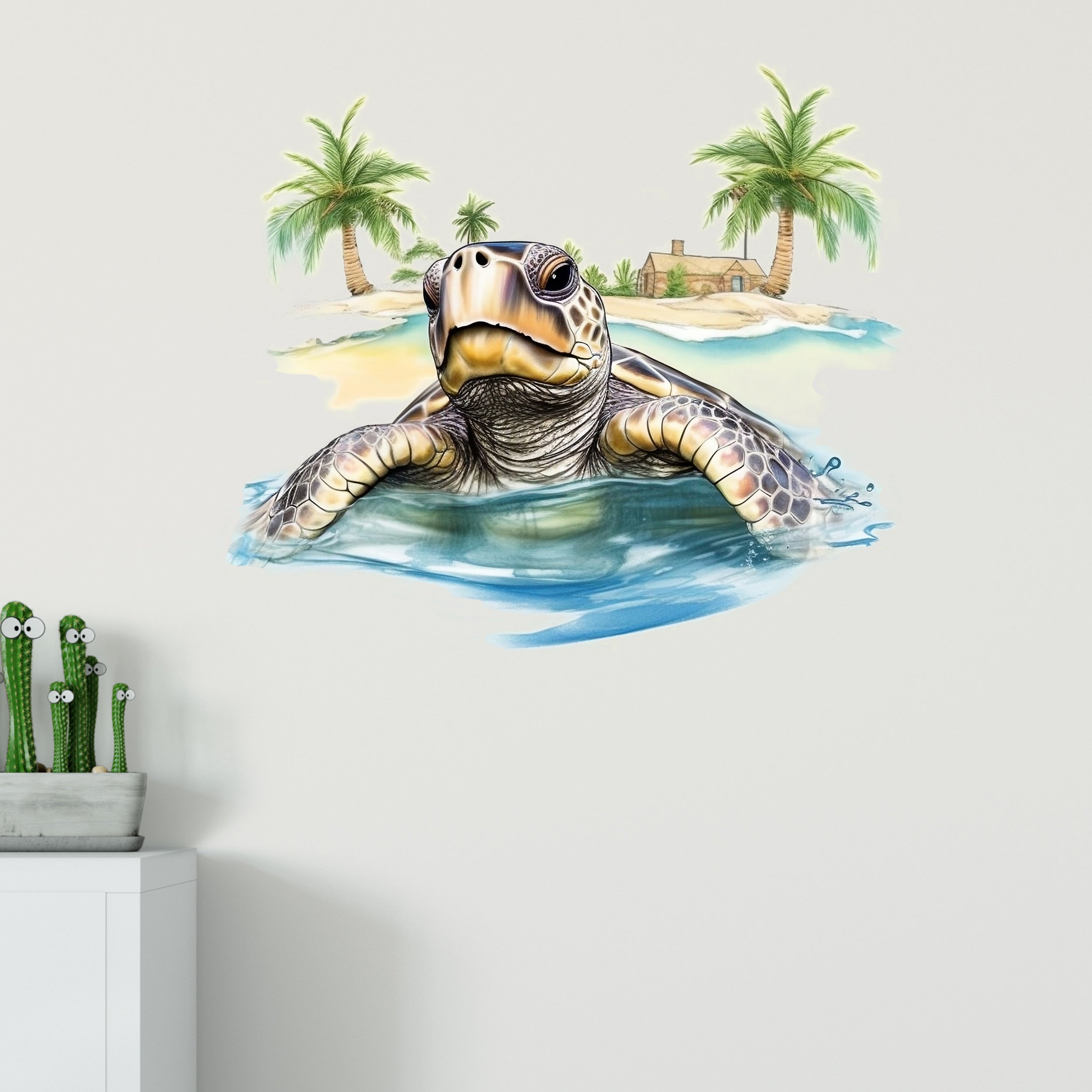 Wandtattoo mit Meeresschildkröte, Palmen und Insel an weißer Wand
