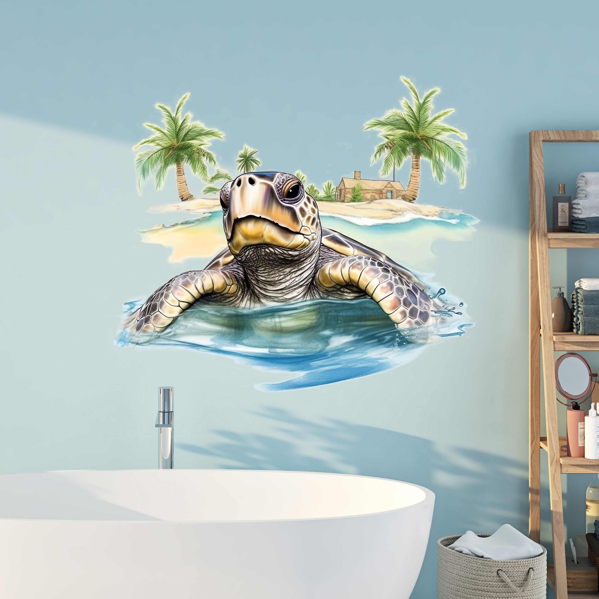Wandtattoo mit Meeresschildkröte, Palmen und Insel im Badezimmer