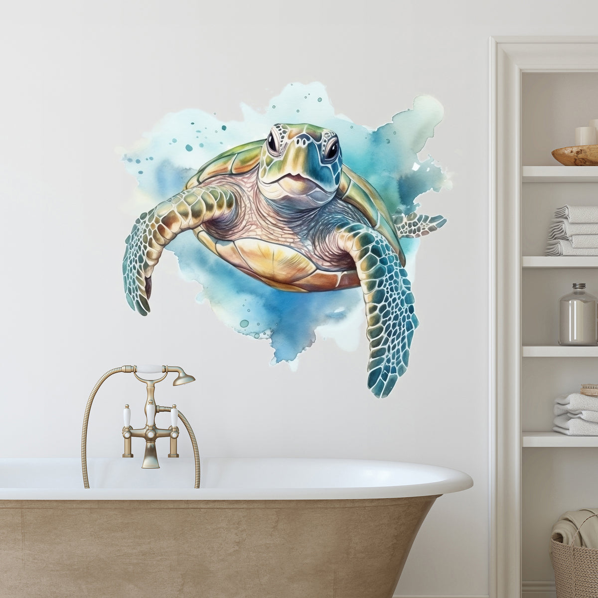 Wandtattoo mit Meeresschildkröte vor blauem Hintergrund über Badewanne