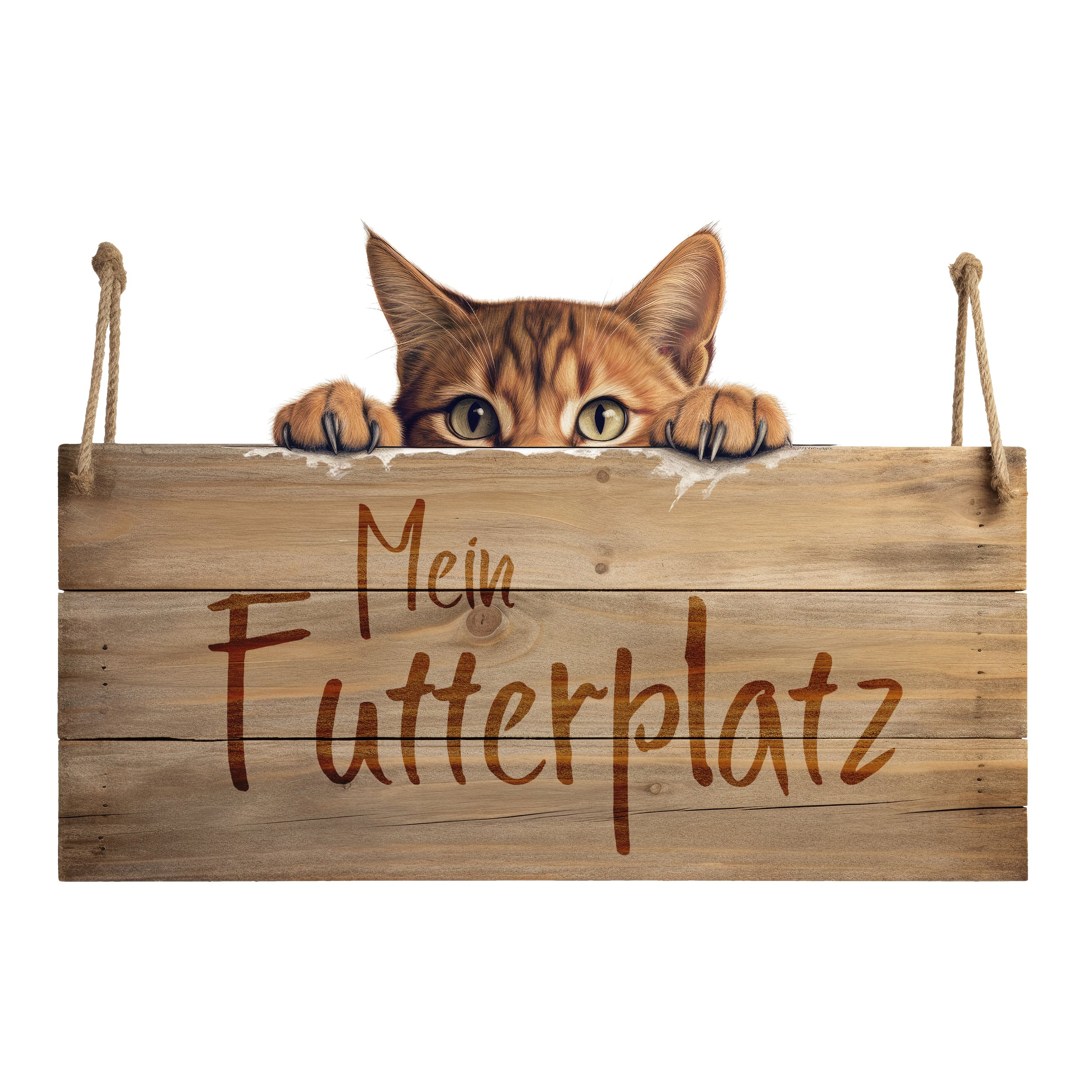 Holzschild mit der Aufschrift "Mein Futterplatz" und einer Katze.