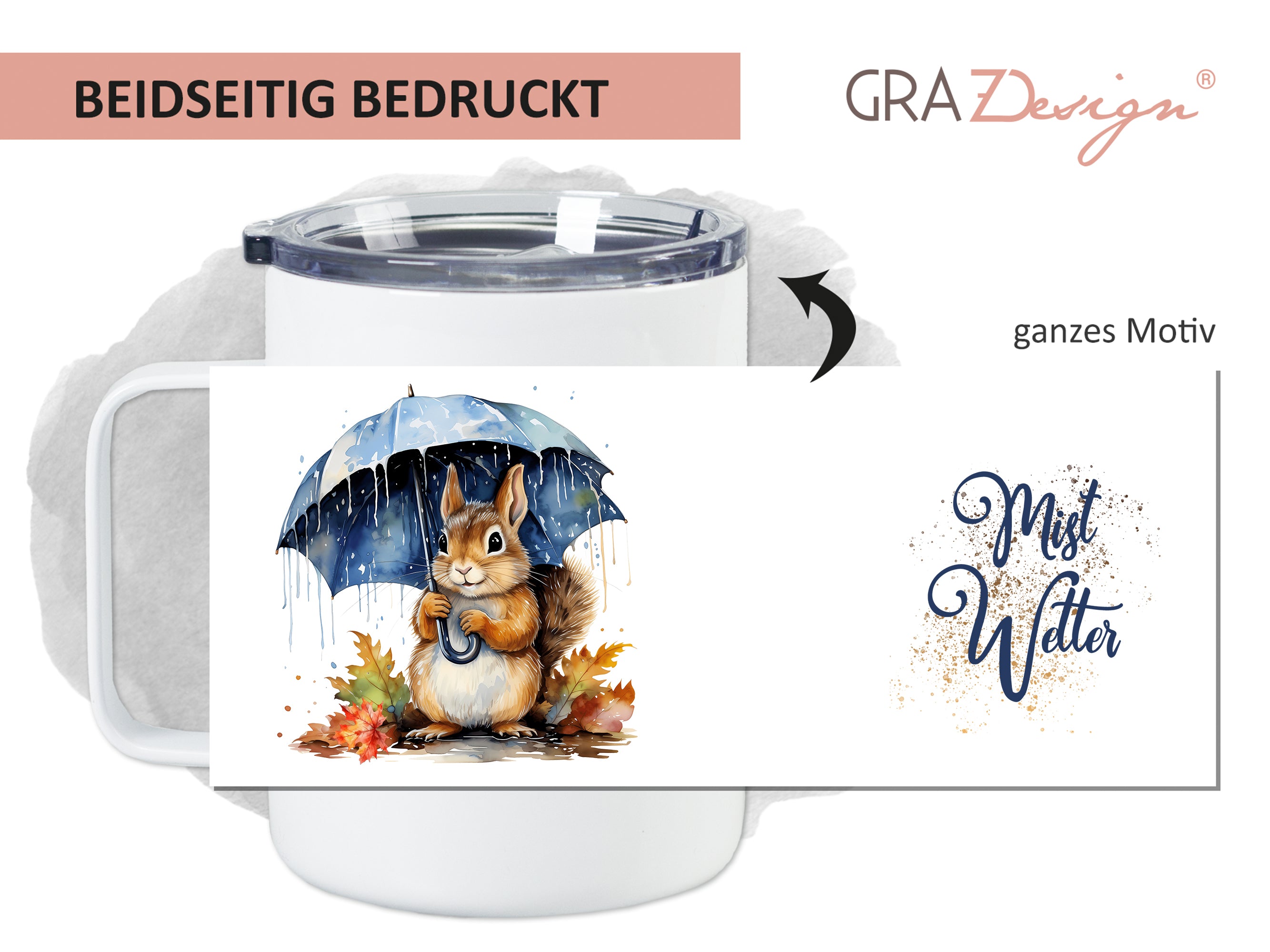 Tasse mit Eichhörnchen unter Regenschirm, beidseitig bedruckt.