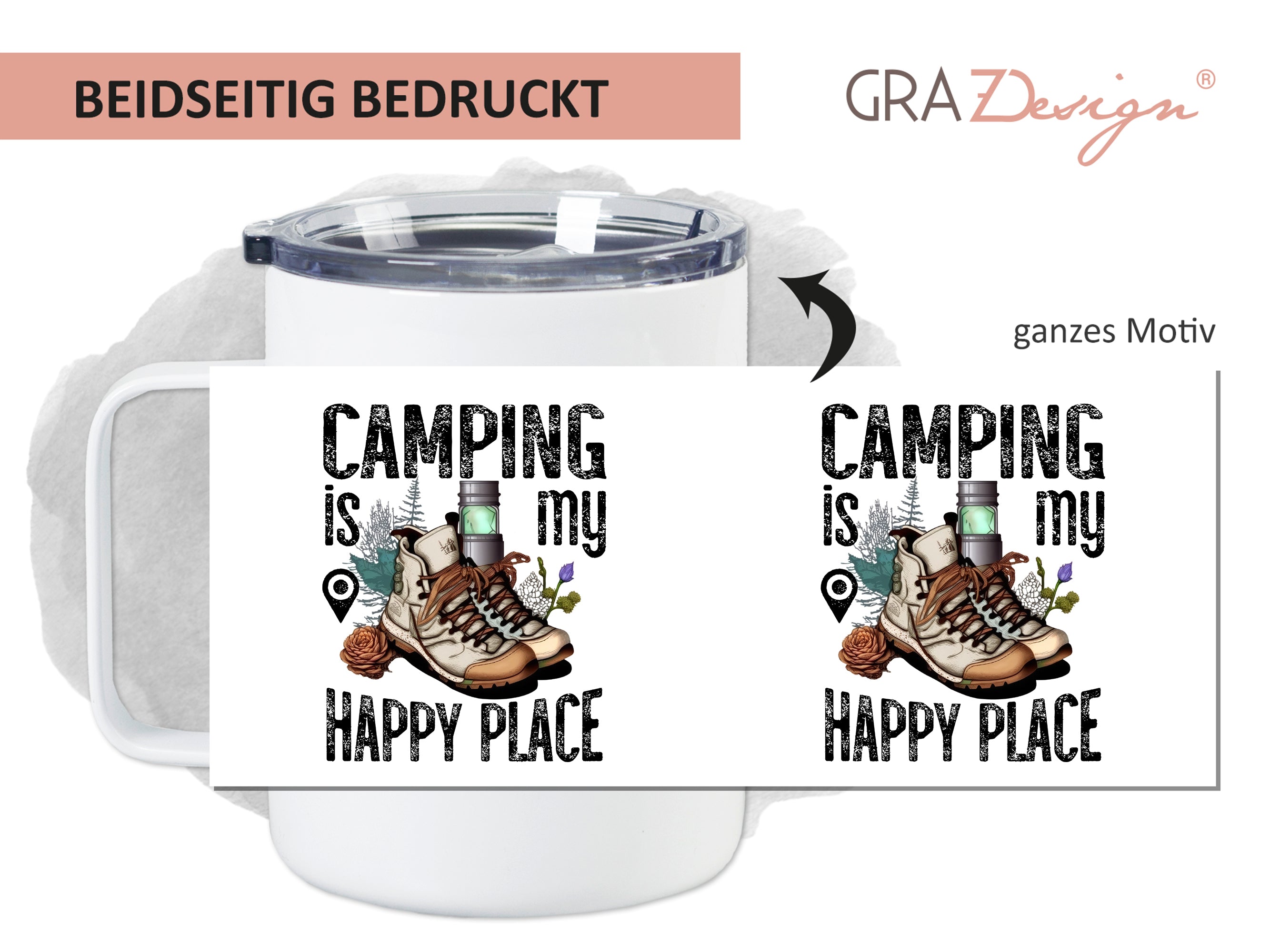Becher mit Camping-Motiv, braune Schuhe und grüne Flasche.