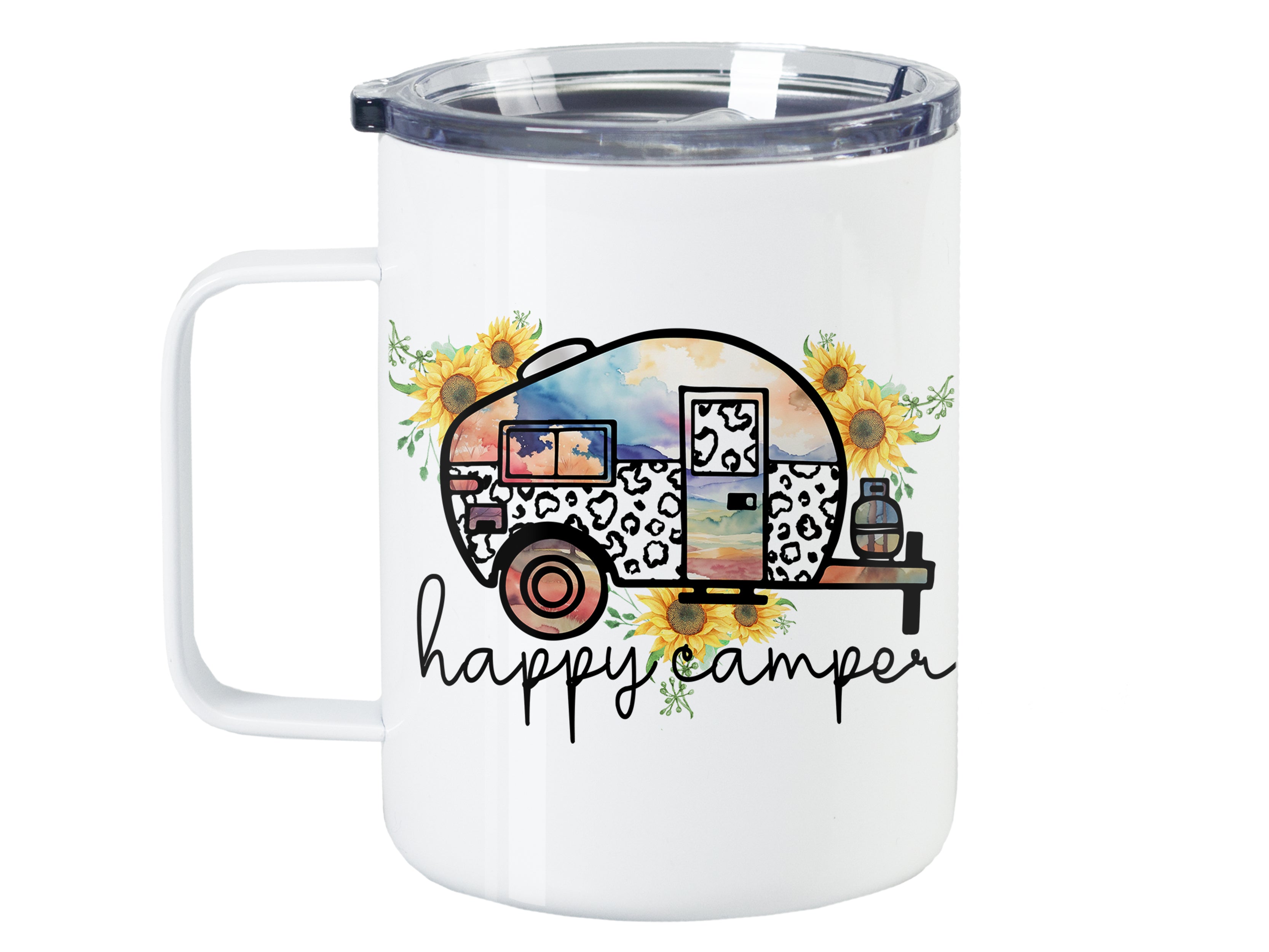Tasse mit Camper-Motiv, bunten Sonnenblumen und "happy camper"-Schriftzug.