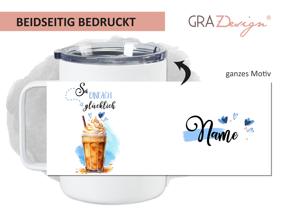 Becher mit Kaffeetasse und personalisierbarem Namen, beidseitig bedruckt.