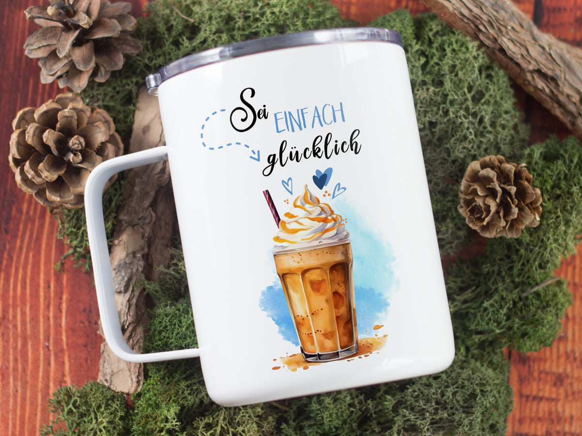 Tasse mit Kaffeeglas, Aufschrift "Sei einfach glücklich".