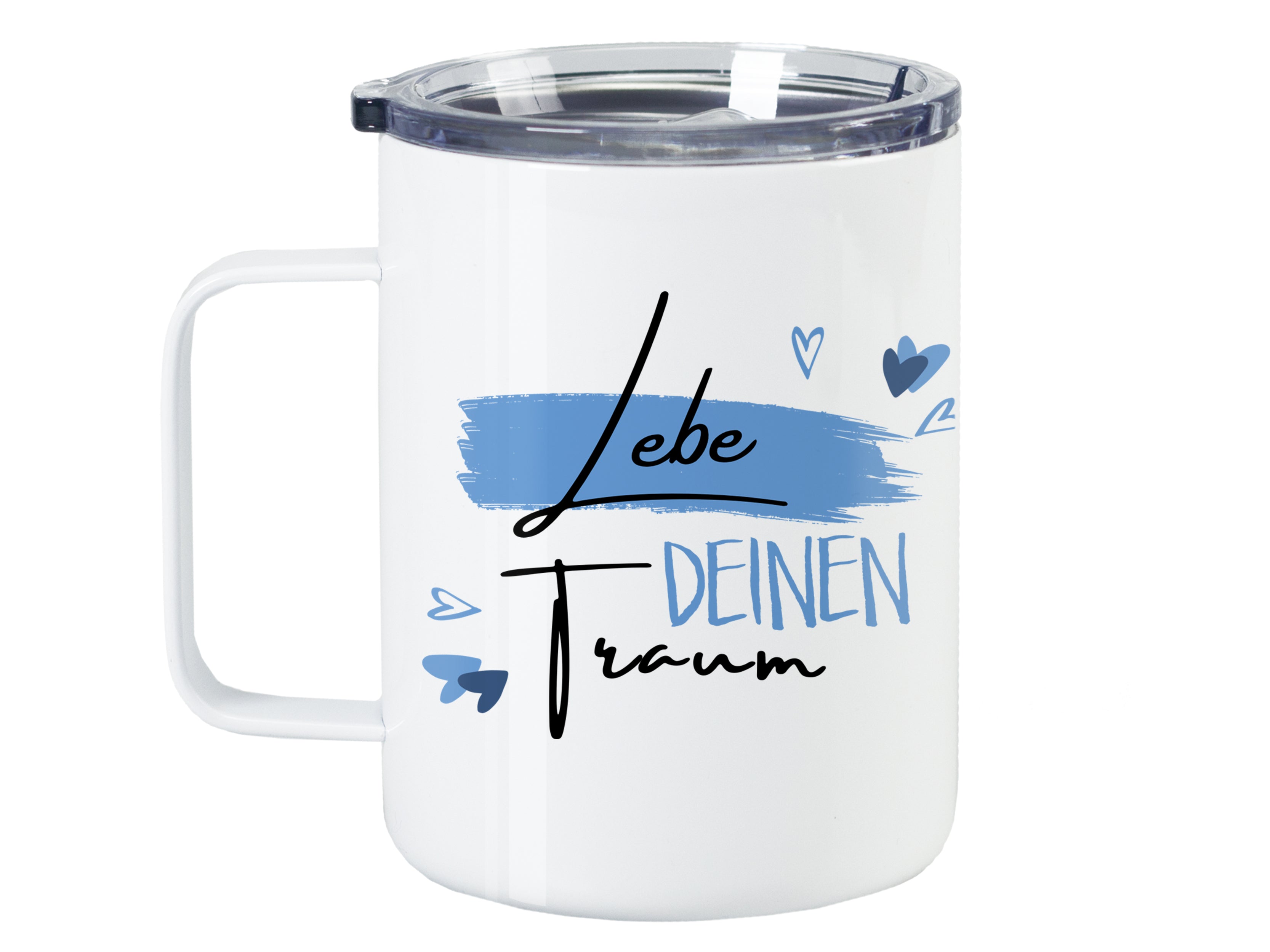 Weißer Becher mit blauem Schriftzug „Lebe deinen Traum“.