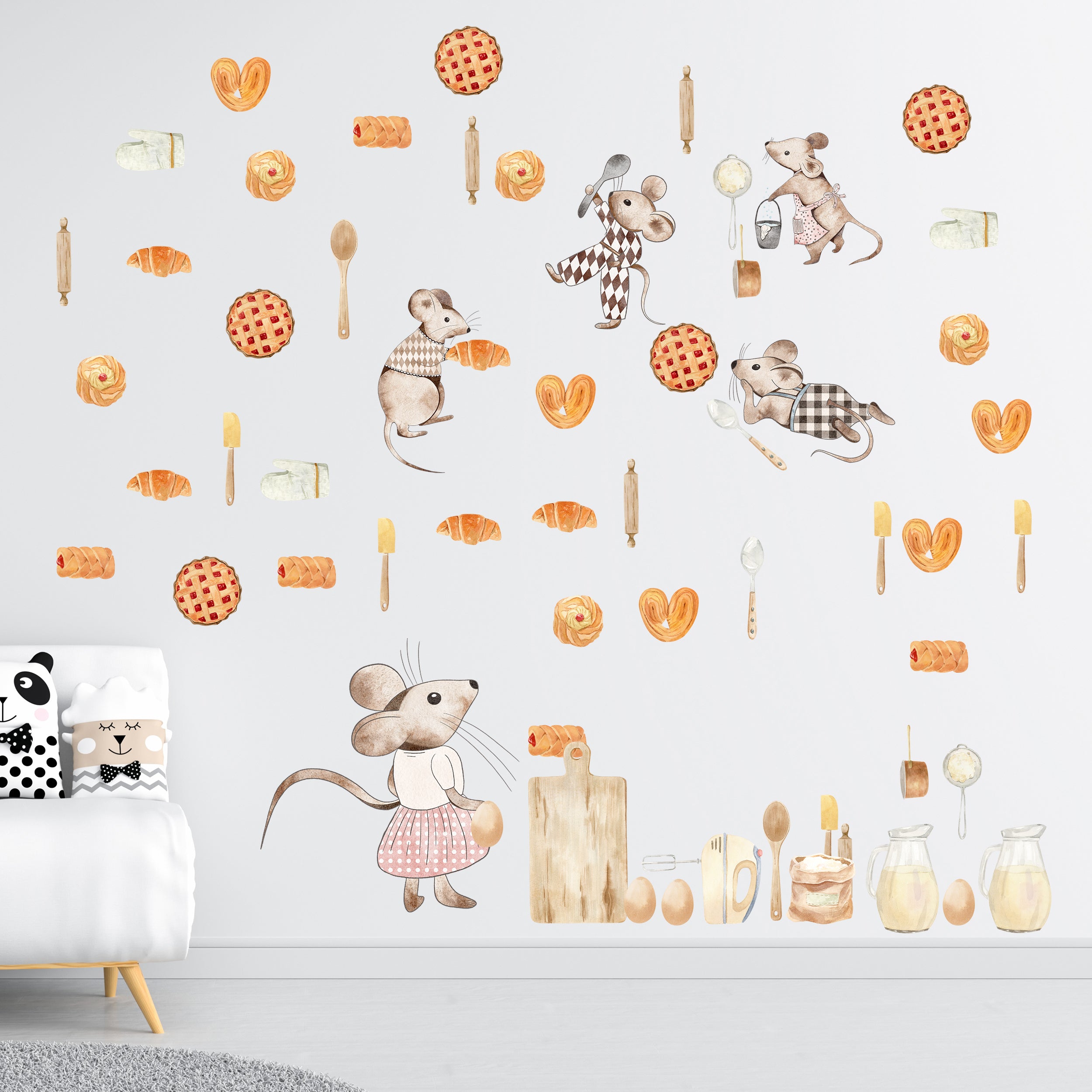 Wandtattoo-Set für Kinderküche mit Bär, Waffeln und Küchenutensilien