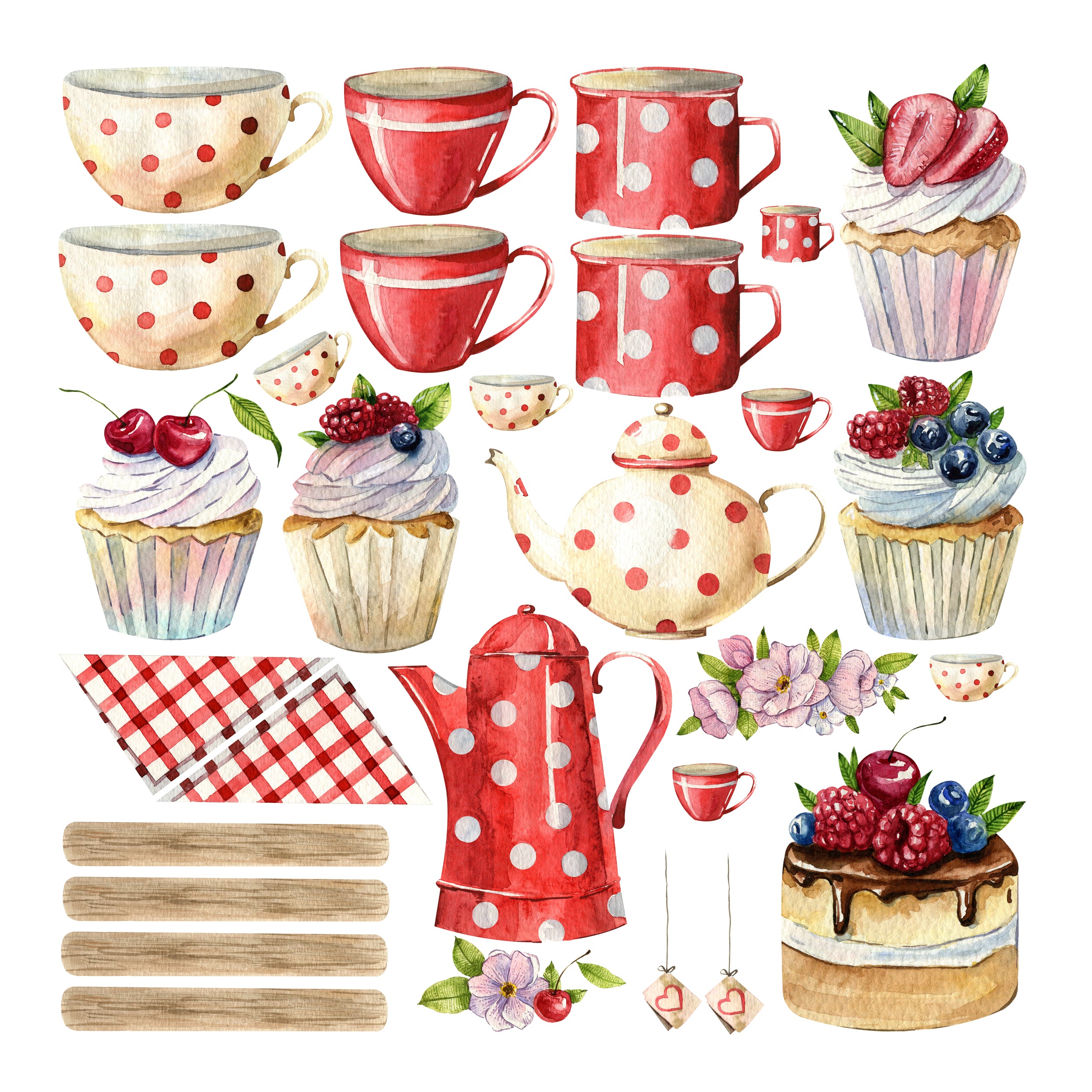 Aufkleber-Set für Kinderküche mit Teetassen, Kuchen und Erdbeeren