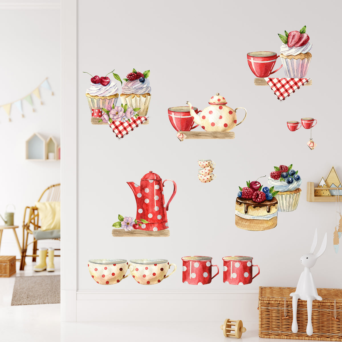 Wandtattoo-Set für Kinderküche mit Teetassen und Kuchen