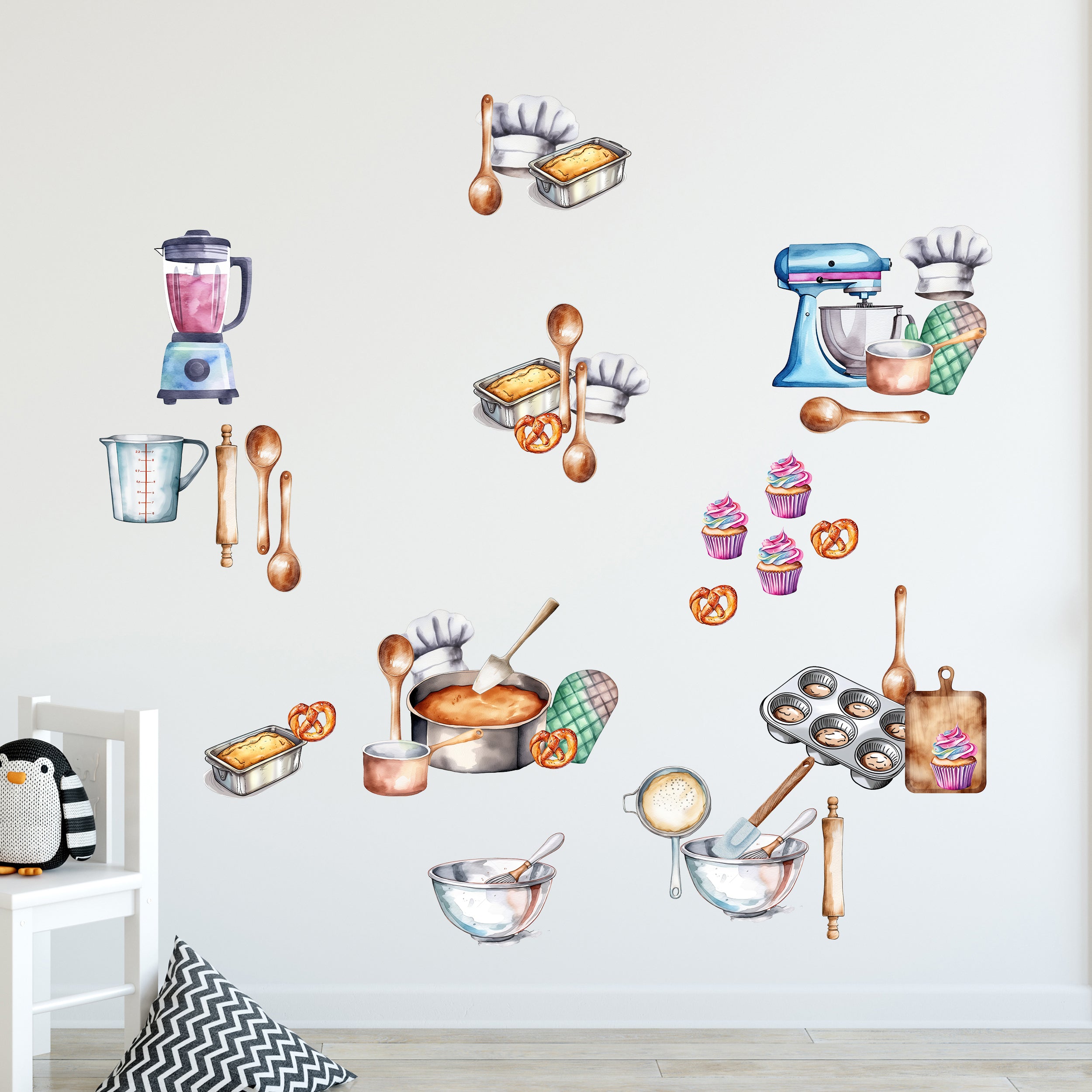 Wandtattoo-Set für Kinderküche mit Küchenutensilien und Teetassen