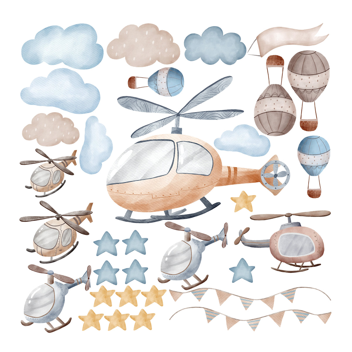 Wandtattoo-Set mit Helikoptern, Ballons und Wolken fürs Kinderzimmer