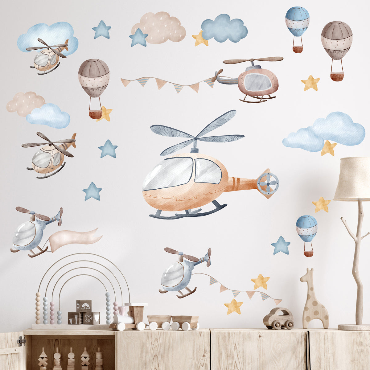 Wandtattoo-Set mit Helikoptern, Ballons, Wolken und Sternen