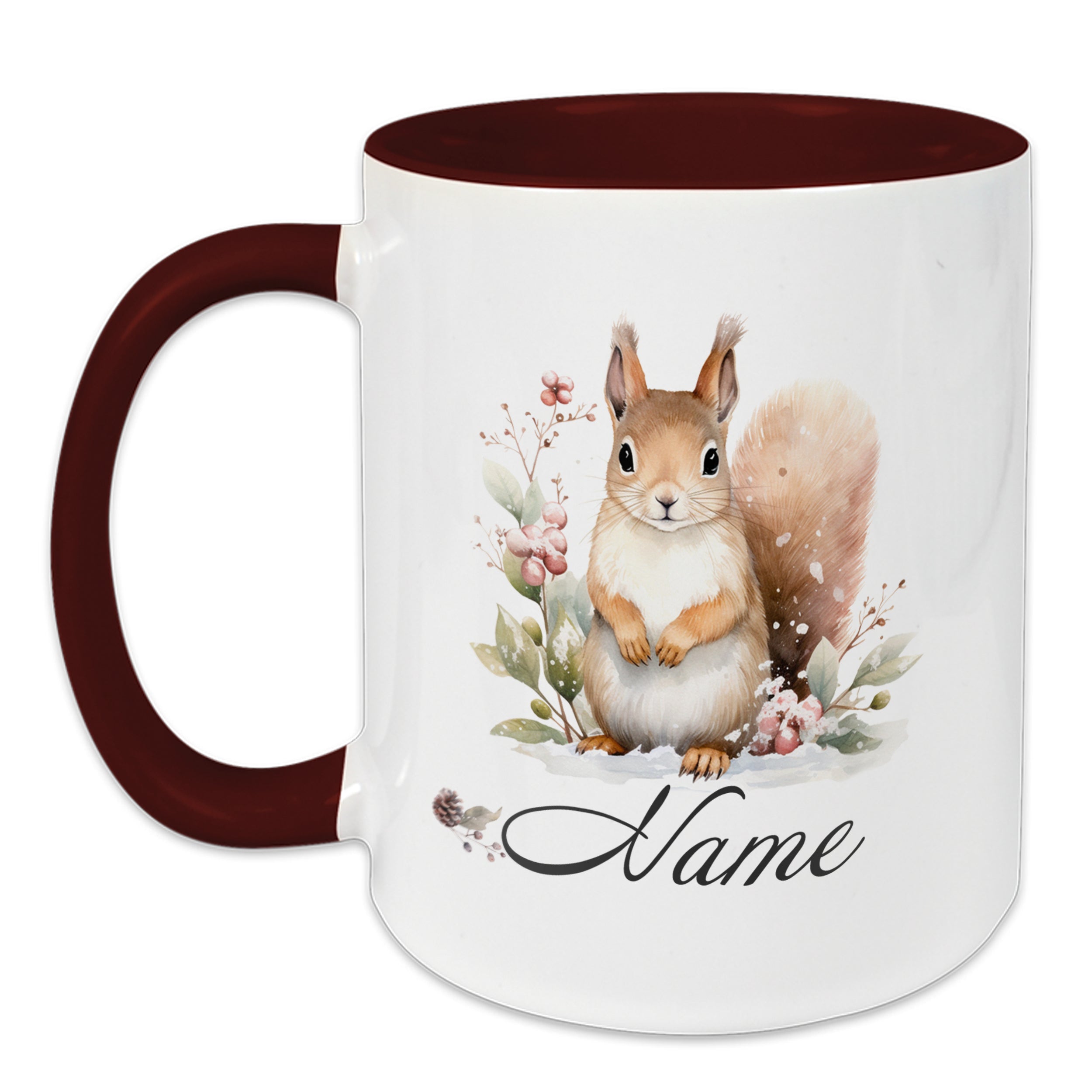 Tasse mit Eichhörnchen-Motiv und rotem Henkel.