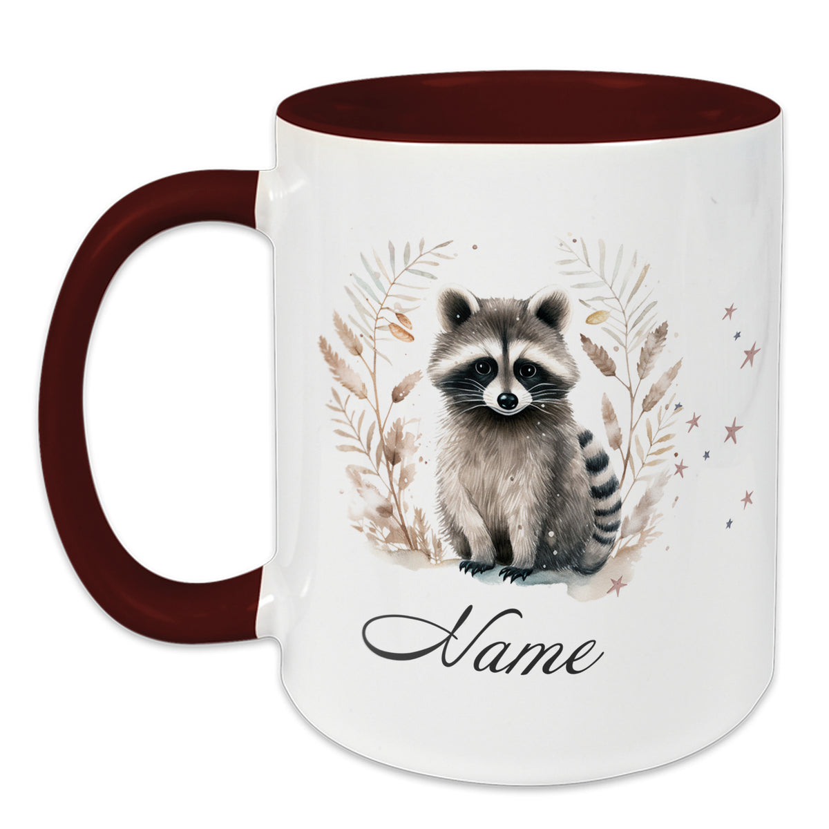 Tasse mit Waschbär-Motiv und rotem Henkel.