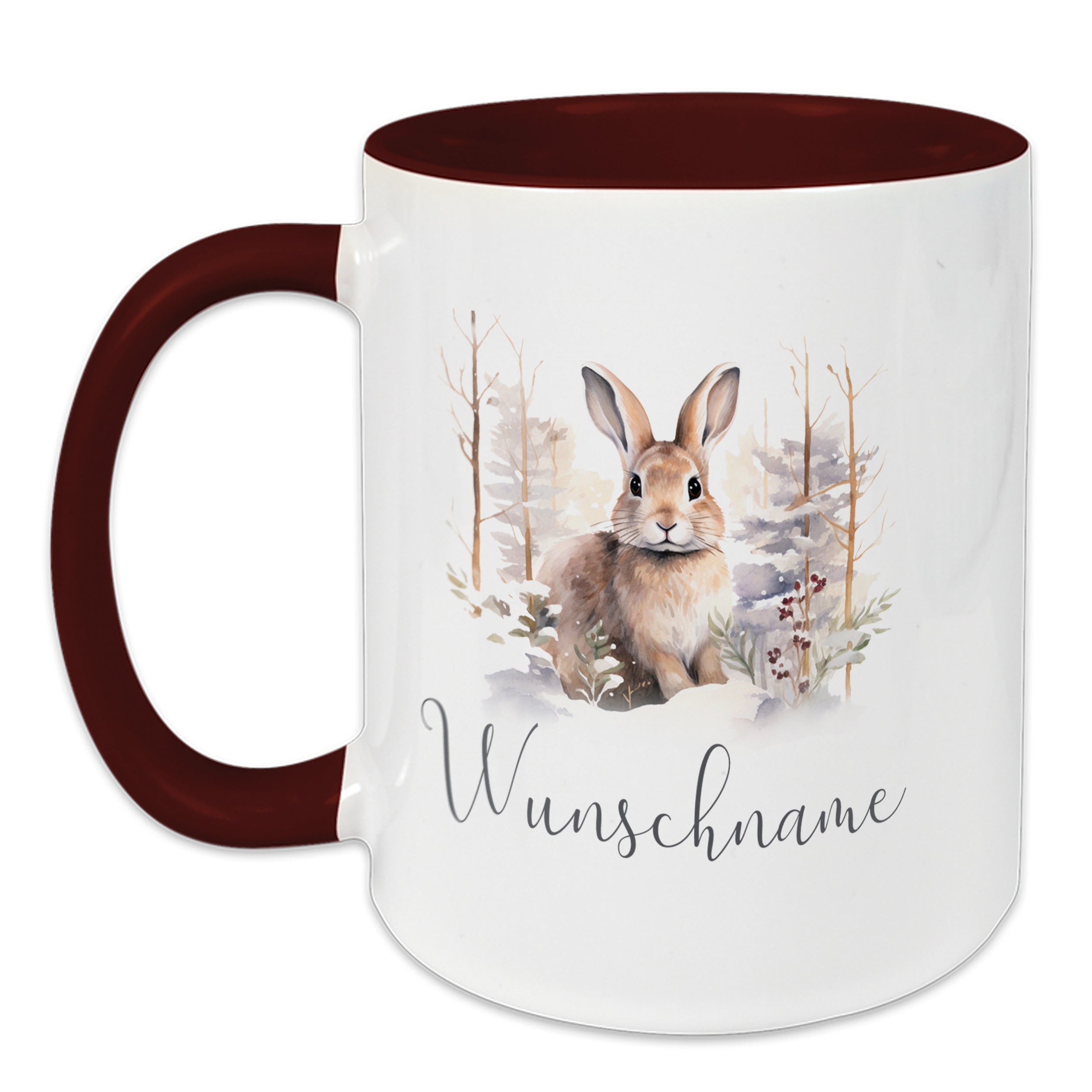 Tasse mit braunem Henkel, Kaninchen-Motiv und Wunschname.