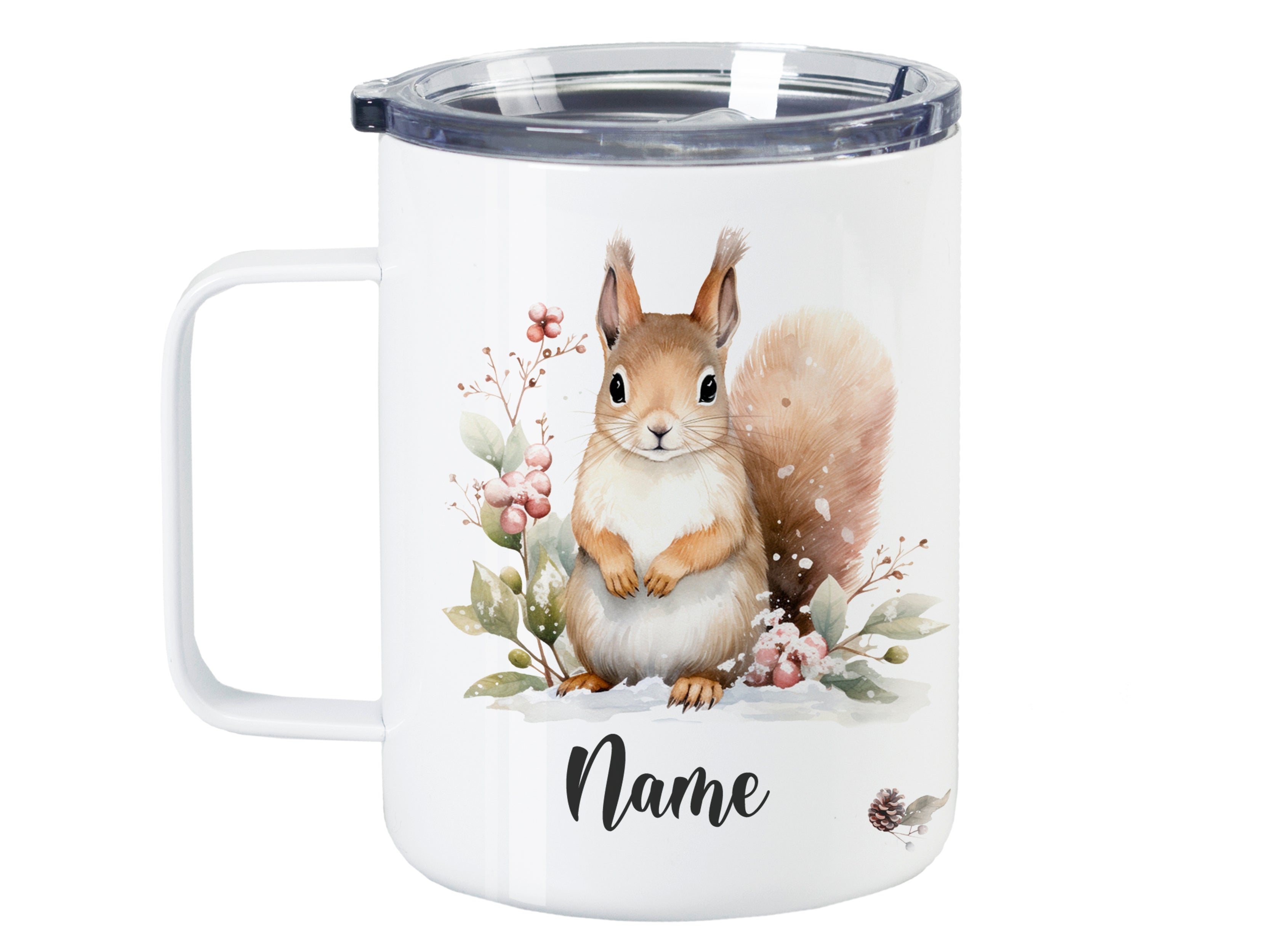 Tasse mit Eichhörnchen-Motiv und personalisierbarem Namen.