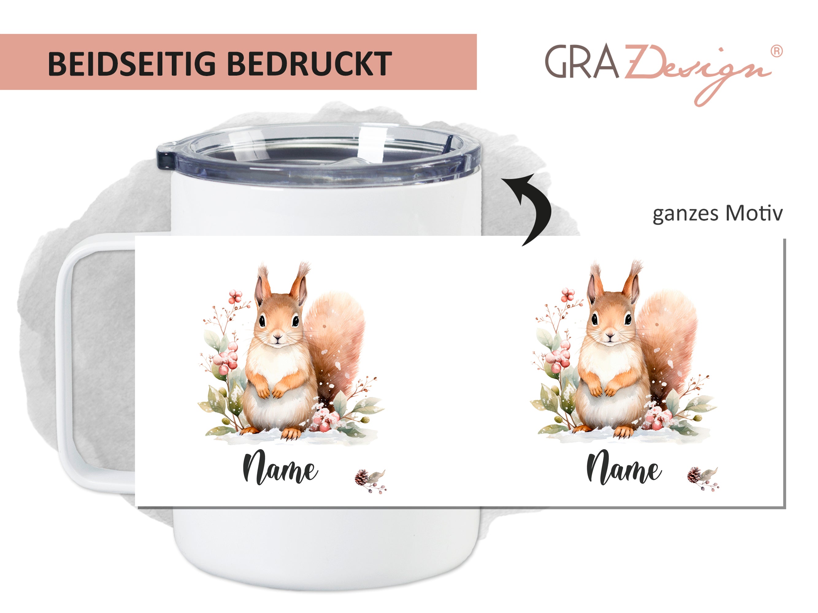 Beidseitig bedruckter Becher mit Eichhörnchen-Motiv.