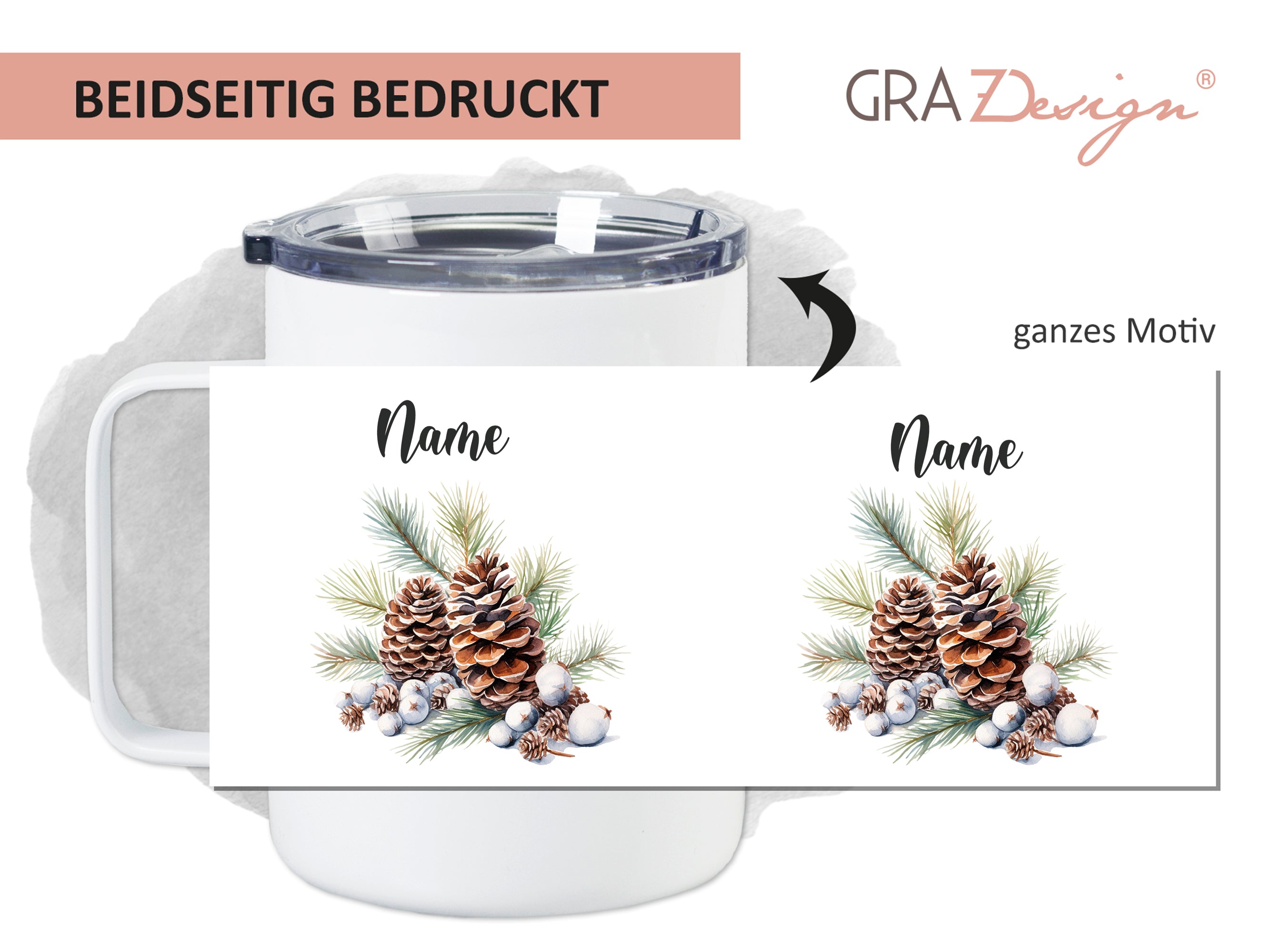 Beidseitig bedruckter Becher mit Tannenzapfen-Motiv.