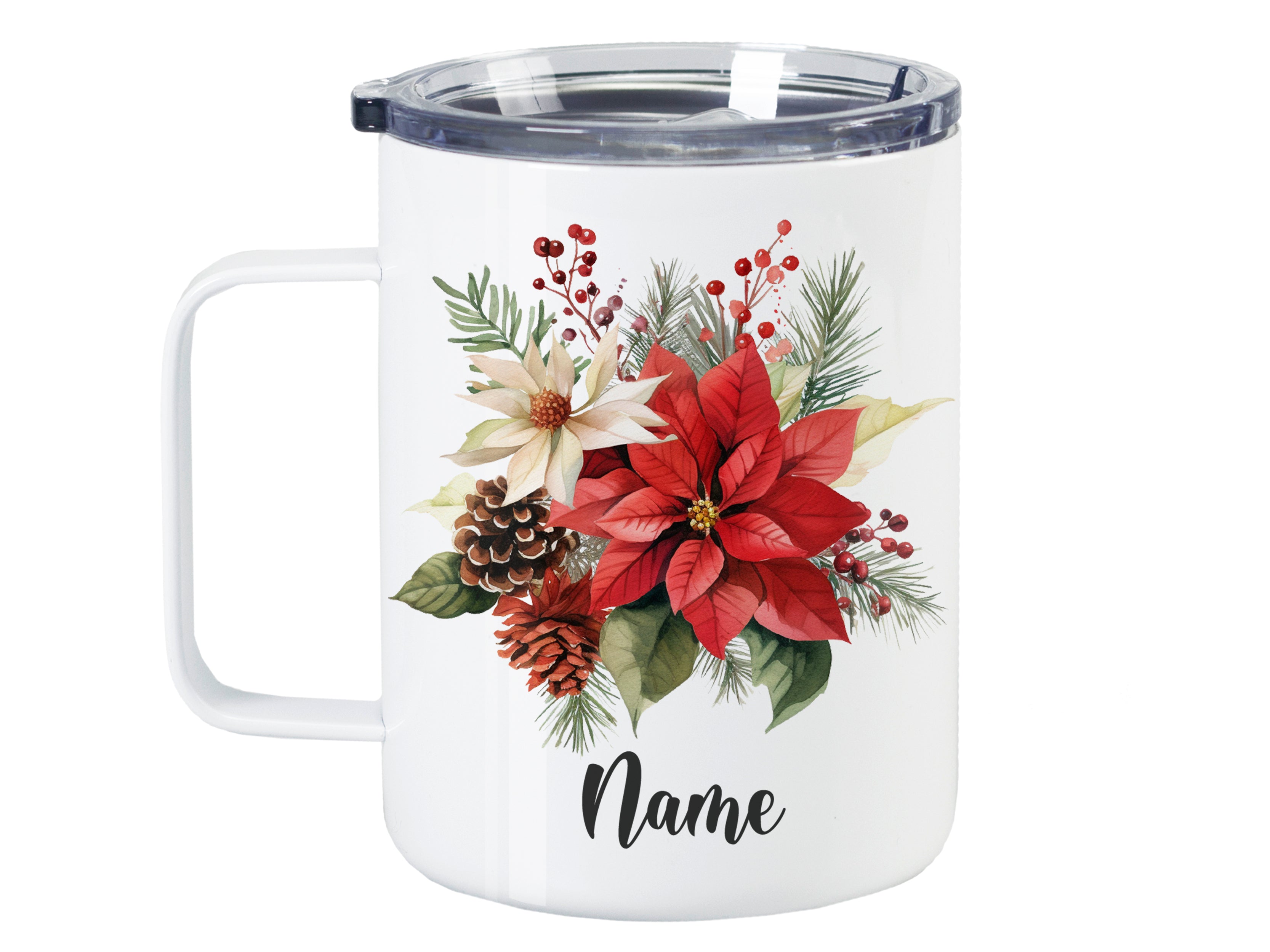 Weißer Becher mit rotem Weihnachtsstern und floralen Motiven.