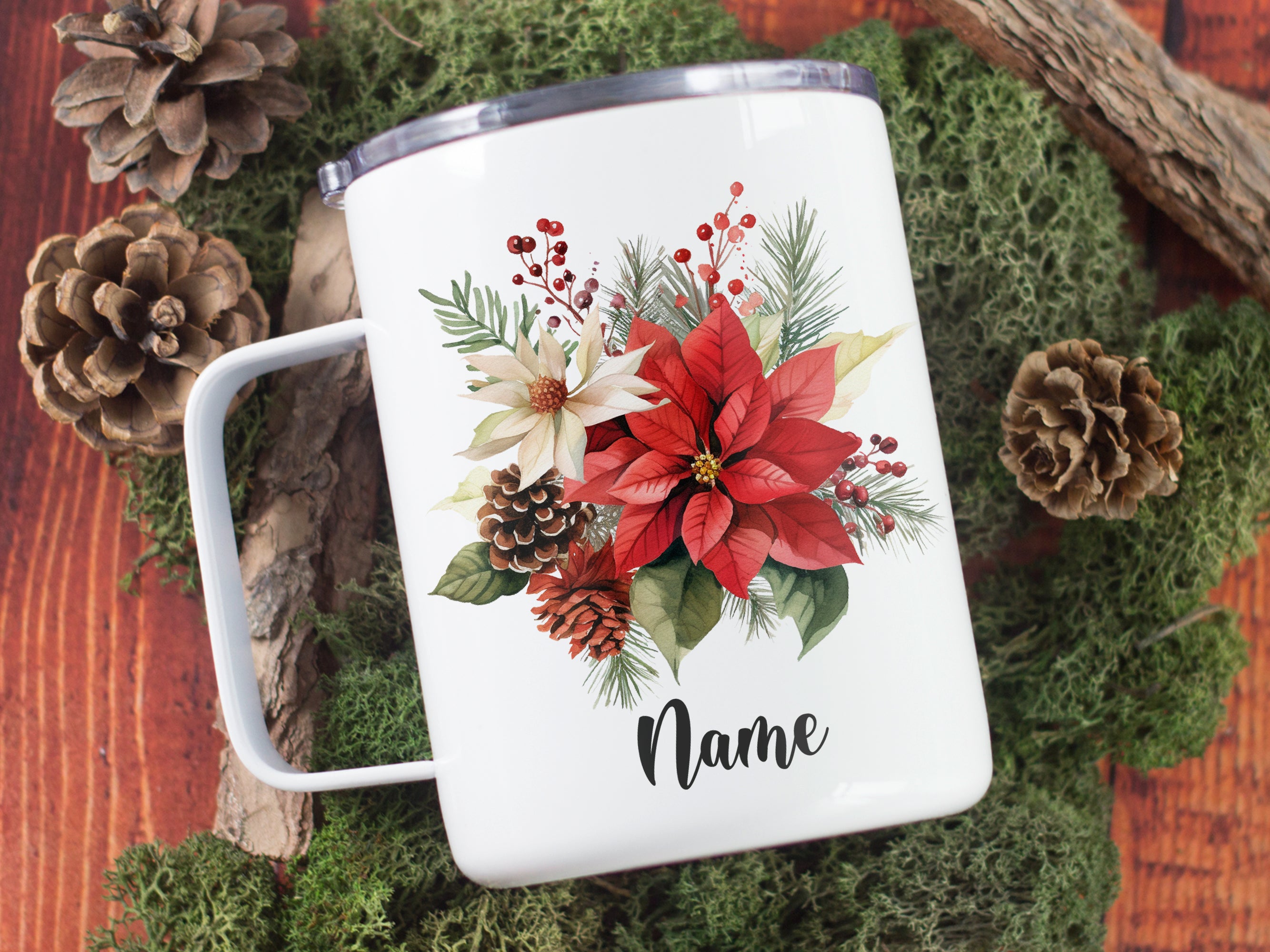 Weißer Becher mit rotem Weihnachtsstern und personalisierbarem Namen.