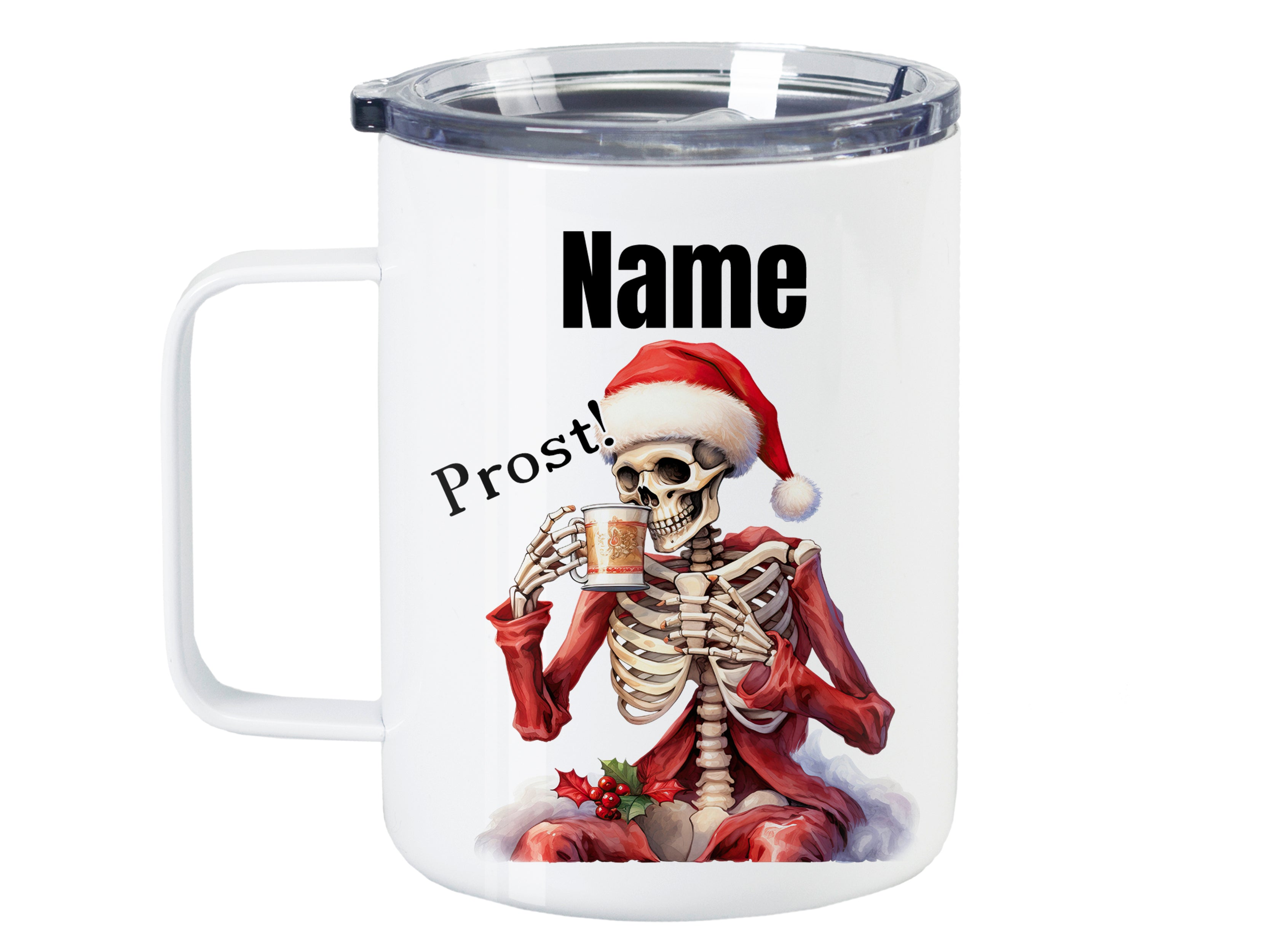 Weißer Becher mit Skelett im Weihnachtsmann-Hut, "Prost!"