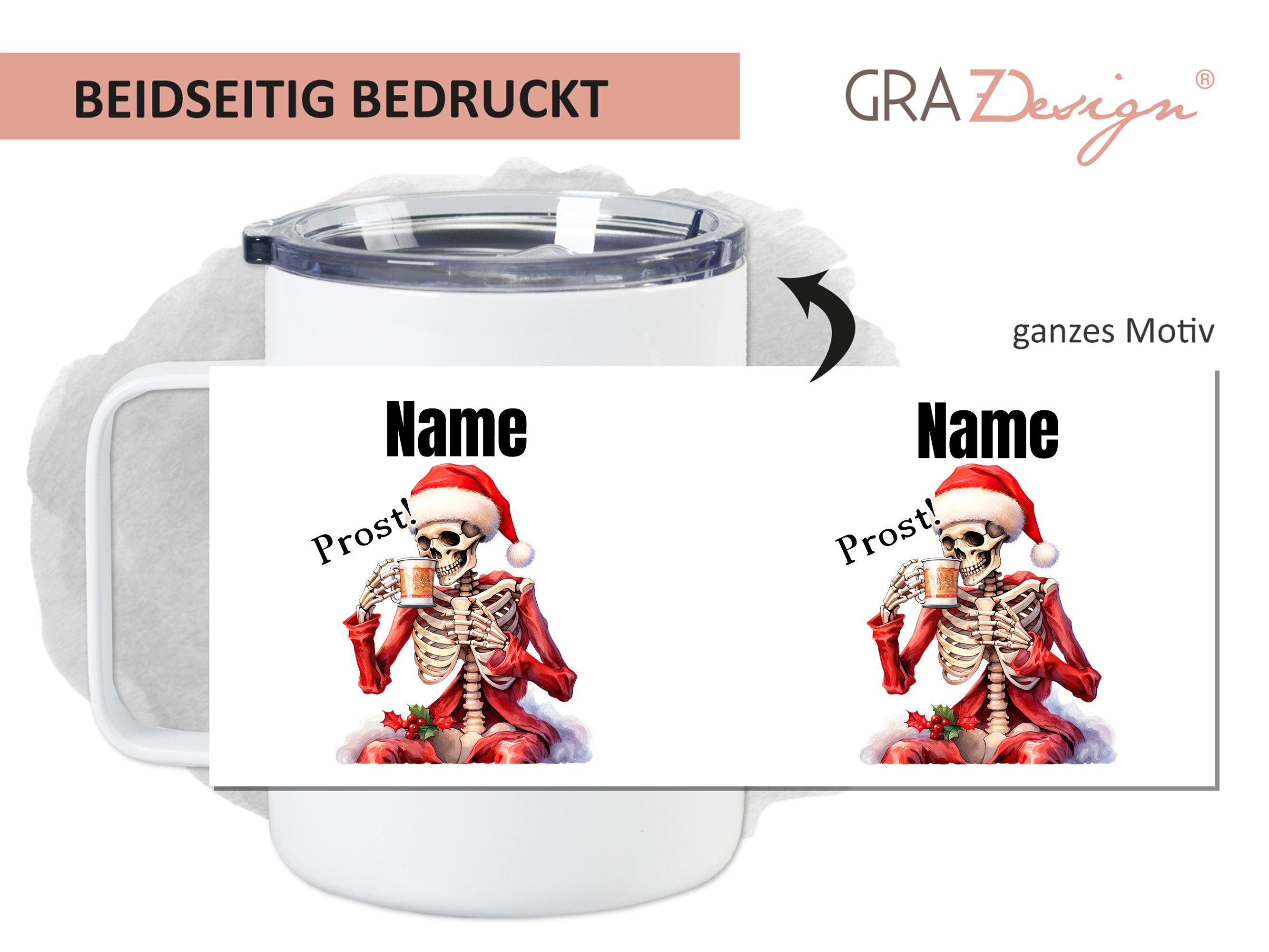 Becher mit doppeltem Druck, rotes Skelett im Weihnachtsmann-Hut.